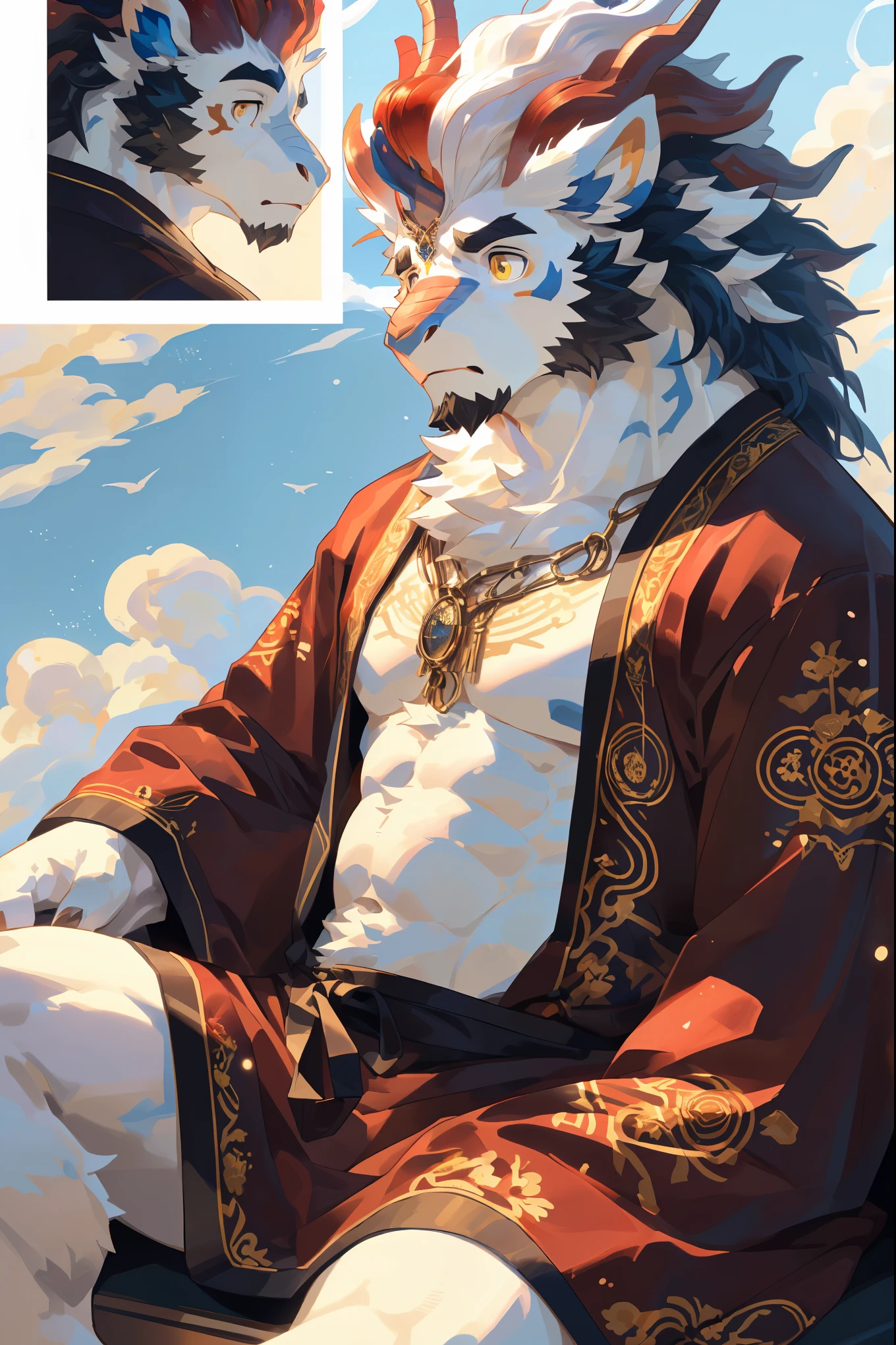 (Kirin:1.5),(Robe damaged:1.5),16K高品质细节艺术,(Kirin:1.1), (((White fur:1.8))),(Gold and white dual tone),(Gold and blue eyes:1.2),(muscular body:1.2),Handsome,(OK),(perfect face),(despair:1.1),(Gold and white skin:1.6),(Forest Background),(Half Body特写:1.5),Publaz, (Kirin:1.1), (((White fur:1.8))),Handsome, (OK),Express,(Forest Background:1.4),(pain的眼神:1.3),(Kirin tail),不同的Express,(A perfect masterpiece),(16K),(Abdominal muscles:1.3),(((middle aged:1.4))),(36 years old),(Solitary),(Golden sideburns:1.5),(Golden-bearded:1.3),(Black Chin:1.3),(Black and white face:1),(Very rich facial details:1.3),(strong),(Half Body),(Front view),(cg),(HD),(Lying on the ground:1.4),(pain的表情:1.6),(White lines:1.4),(Scales:1.3),(White ears:1.4),(One hand over his chest:1.6),(pain:1.4),(Prostrate:1.4)
