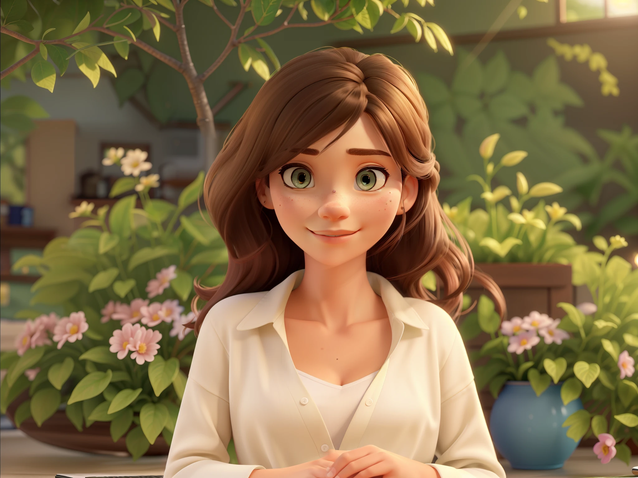 (best quality,4k,8k,highres,masterpiece:1.2),ultra-detailed,(realistic,photorealistic,photo-realistic:1.37),PIXAR style,white woman,slim,fine strokes,With eye Glasses,long wavy dark brown hair,dark brown eyes,standing in front, wearing casual clothes,holding a cookbook,illuminated by the light of sun,against the backdrop of a kitchen