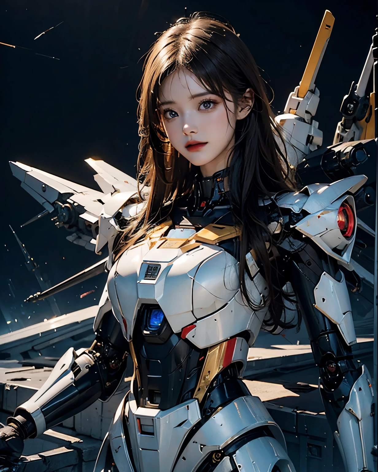  Super detailed, advanced details, high quality, 最high quality, High resolution, 1080p, hard disk, beautiful,(gundam),beautifulサイボーグの女性,Mecha cyborg girl,battle mode,Mecha body girl,彼女は未来的なgundamメカを身に着けています,front