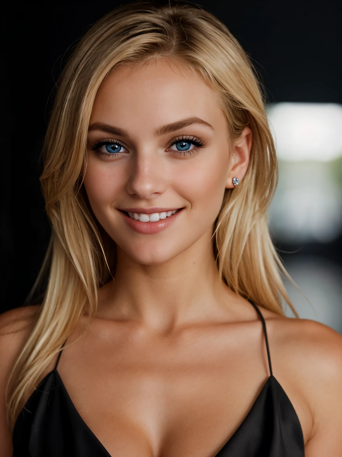 a closeup dark upper body shot photo of a blonde with perfect eyes, smile, dark background