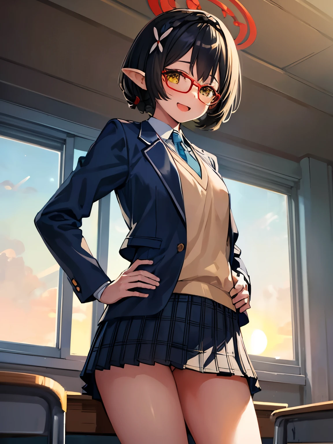 1girl, (((masterpiece))), solo, top-quality, top-quality, High Details, masterpiece, best quality, ultra-detailed, 1girl, ayane, blue jacket, blazer, white shirt, pleated skirt, illustratio, comic strip, soothing tones, Subdued Color, Soft cinematic light, adobe lightroom, photolab, HDR, intricately and hyper-detailed、(((depth of fieldasterpiece)))。(((top-quality))).)((ultra-detailliert)))。(((illustratio)))。(((takeout))).dynamic focus.small breasts.(((classroom))).(((A school))).(((Face of happy))). open mouth.(((put hands on the hip))).(((up chest))).((morning glow)).((the setting sun)).