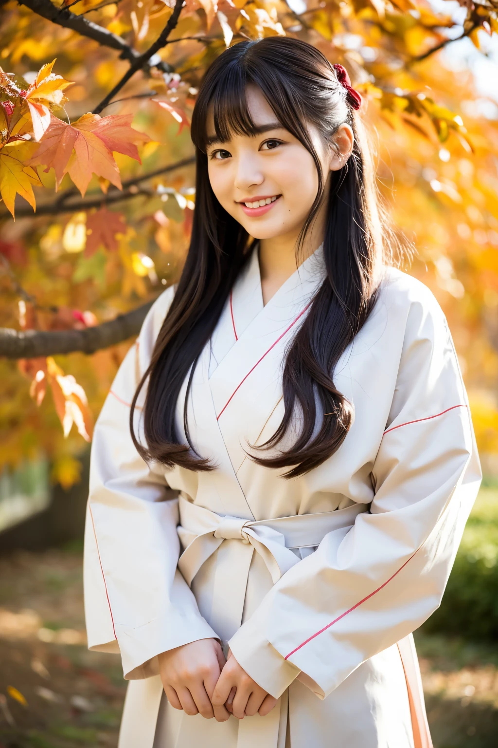 Girl in old Japanese schoolyard with autumn leaves,Very long sleeved floral hakama top and brown hakama bottom,white socks,hair red string bow,18-year-old,bangs,Smile a little,knees,from below