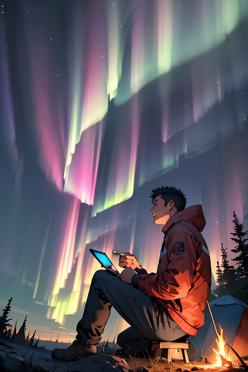 man sit, camping in the under of trees, the nigh sky, aurora sky, fire, ultra hd, 8K, detailed, masterpeiece,