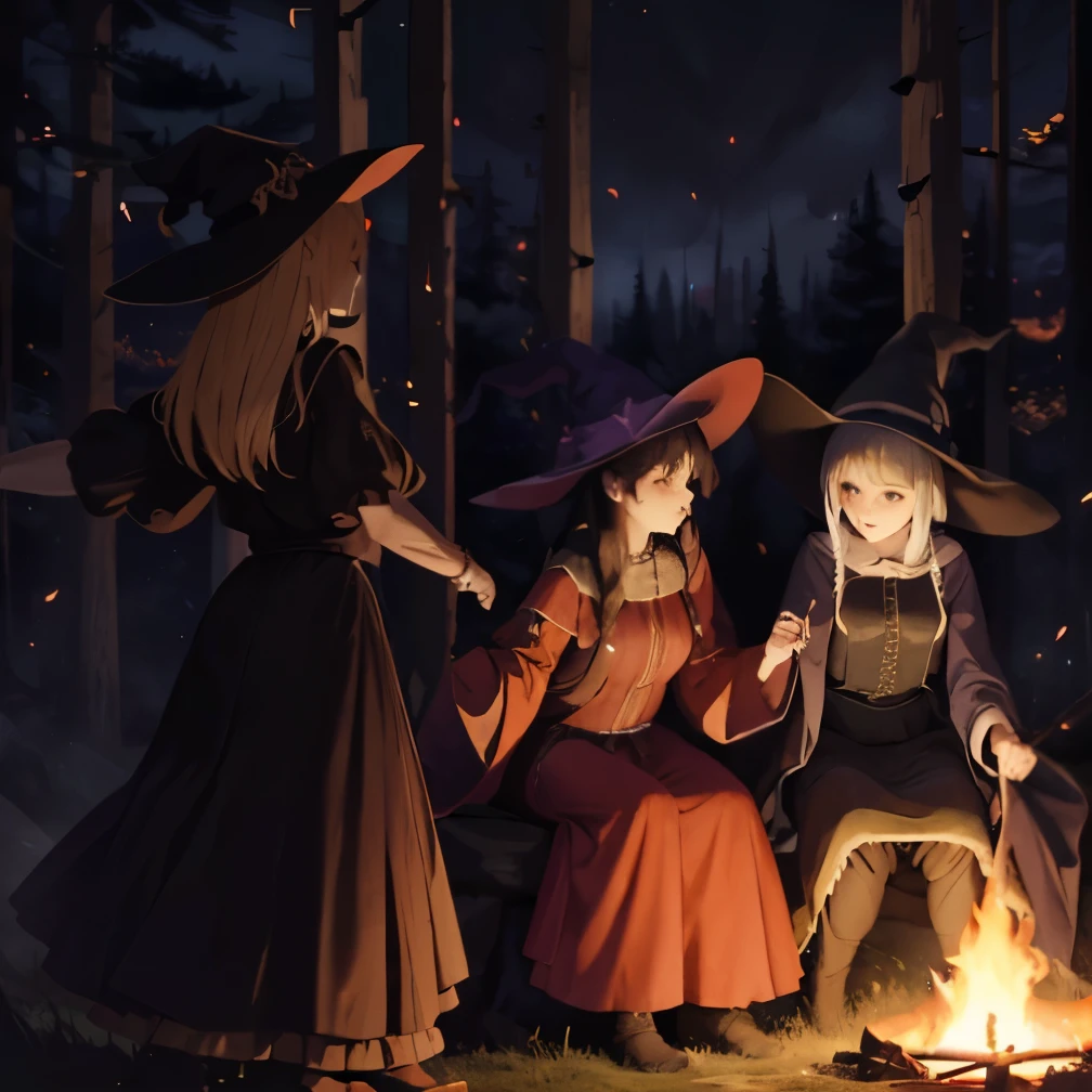 A group of witches dynamically dancing around a campfire. They wear ponty hats and multi-layered dresses made of colorful but dark satin. Dark magical foggy forest on background. Illuminated by fire, fireflies and moonlight. dynamic scene.