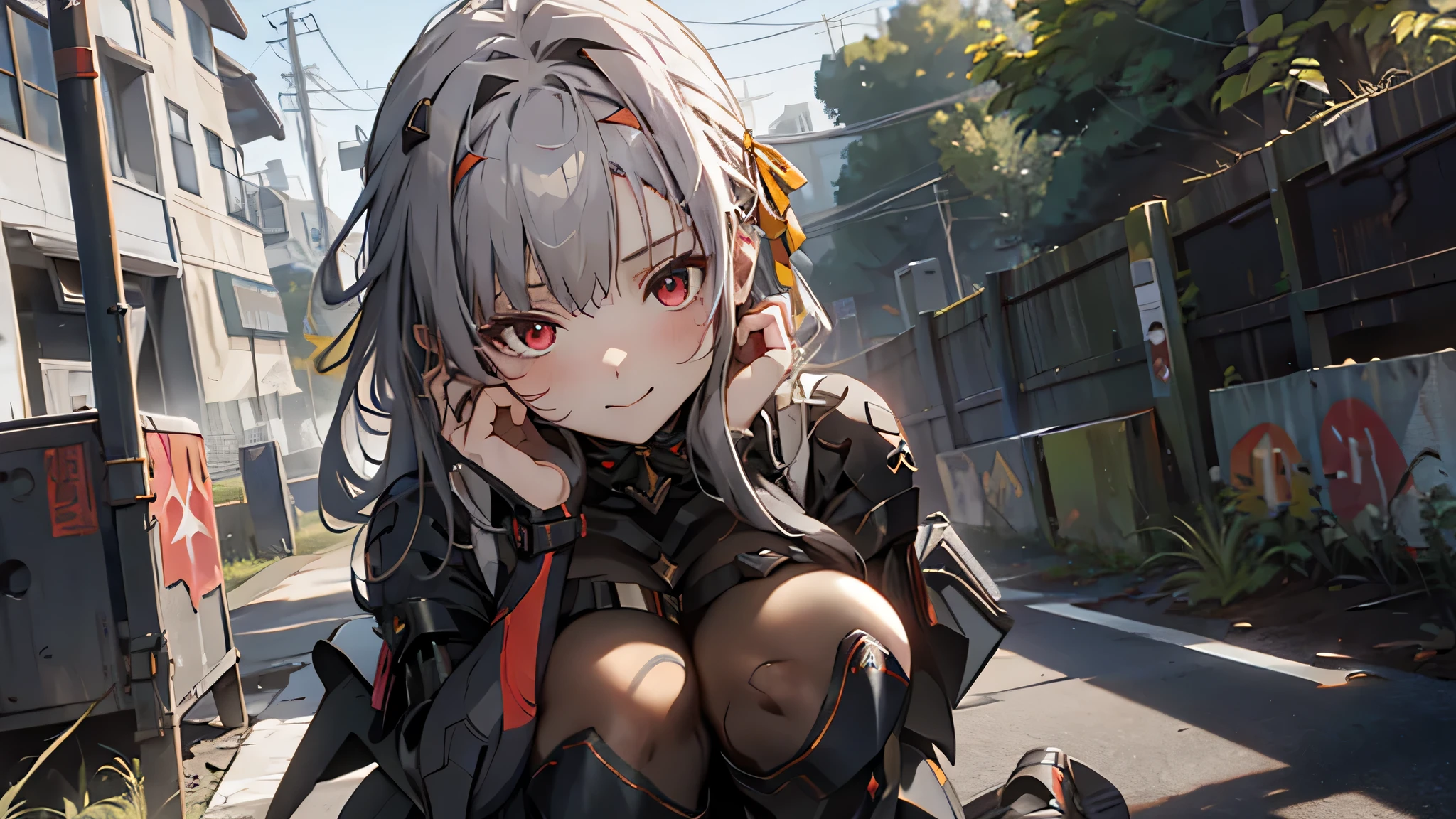 1 girl, tie up hair, left side swept hair, long gray hair, red eyes, innocent smile, black mech armor, cool and sexy face, black thigh knee sock, 8, Sharp face, Yellow ribbon at the ear, battlefield, outside, head bondage, black steel boot, standing, , modernia, massive cannon, one person, alone, 1 head, 2 hands, 2 legs