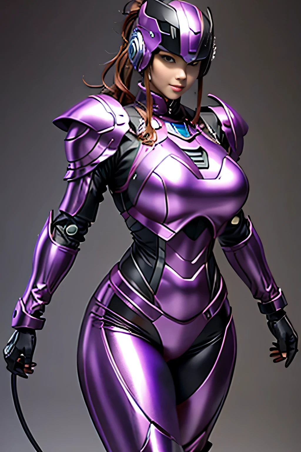 female robocop solo、Armor that completely covers the whole body、very large armor、helmet to hide eyes、metallic purple armor、Armor that completely covers the chest、thin and long legs、Vibrant posel body view