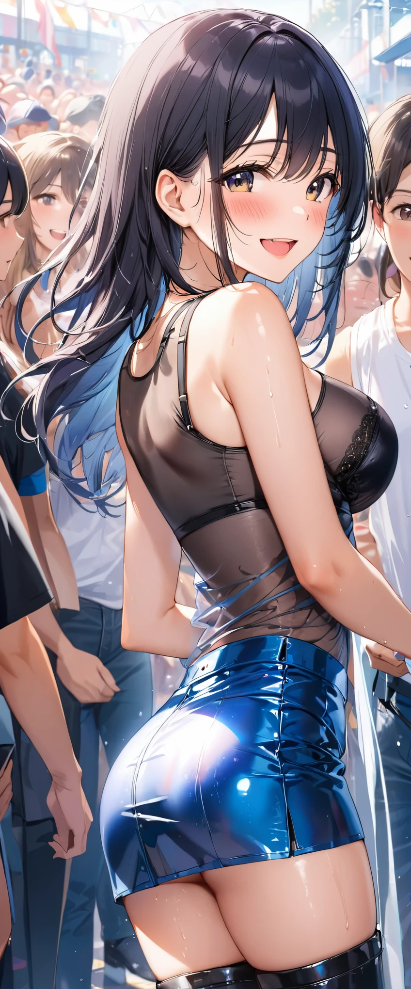1 female,black hair,25 years old,(((blue shiny micro tight skirt)))((white tank top))(((blush、open mouth smile)),(((straight hair))),(((portrait))),crowd,wet with sweat((sexy black bra and see-through tank top))(leather thigh high boots)(((beautiful breasts)))((turn around and look back))