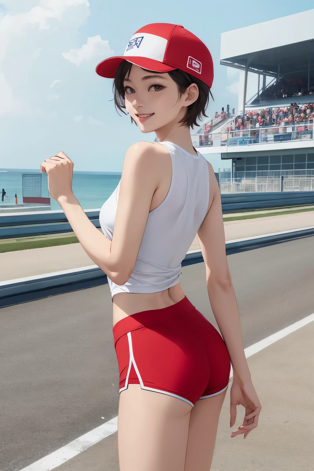((highest quality)), ((masterpiece)), (be familiar with), perfect face, korean fashion model, seaside, F1 Circuit, smile, audience, much-air-laden cheer, White tight shorts, red tank top, back view, short hair, red cap
