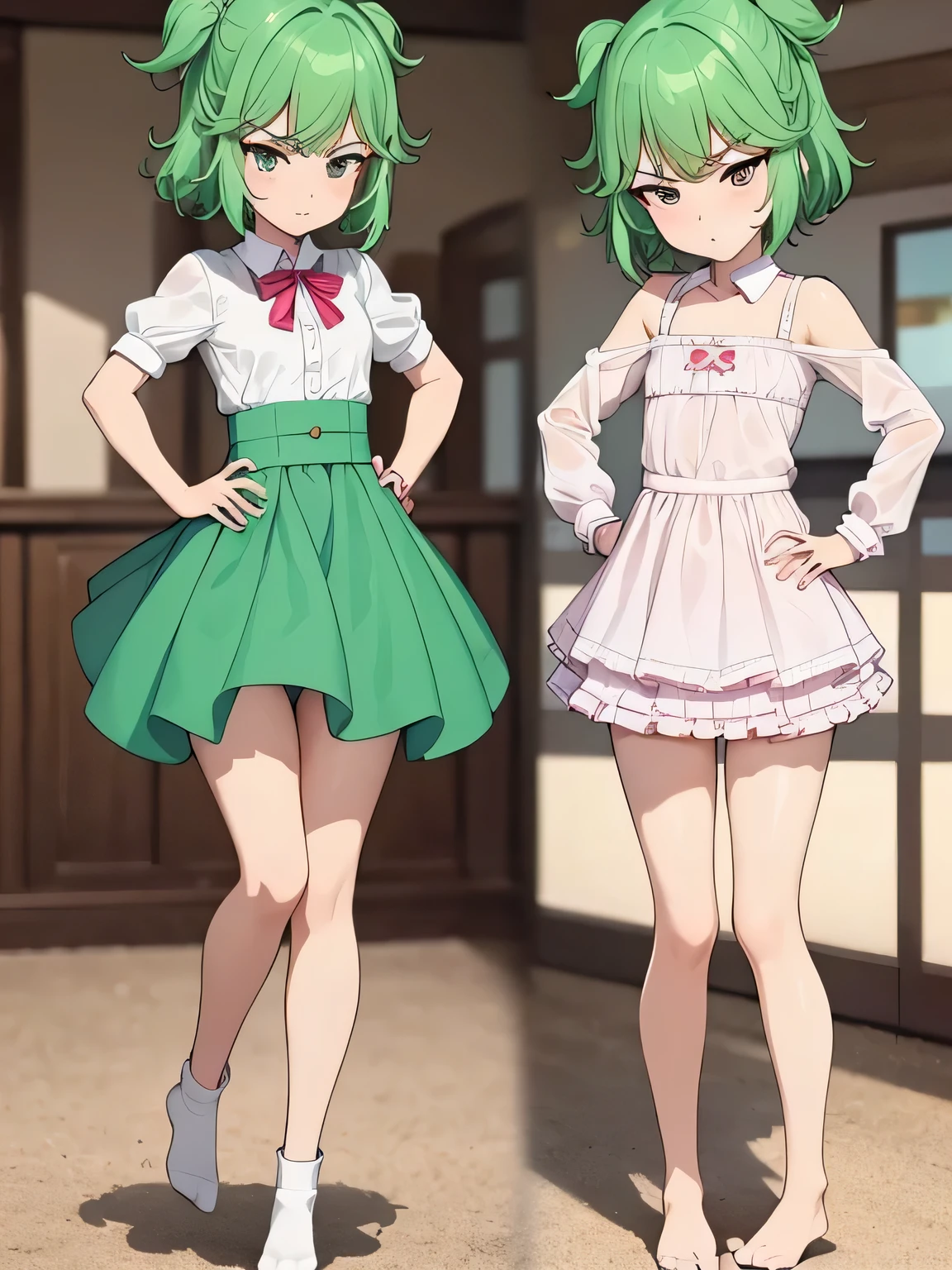 highest quality、ultra high resolution、Professional specifications、green hair,green eyes、embarrassing、(collar),(lead)、((elementary school girl))、((flat chest))、medium hair、((The outline shines))、((stand with hands on hips:1.5))、((From under her feet:1.8))、small ass、((white panties))、school classroom、((10 years old))、****con、(((spread your legs wide open)))、turned up skirt、panties close up、pink and white dress、Children&#39;s wear、red ribbon、(((Transparent)))、cat emphasis、open your mouth、彼女はパンティを見られるのがembarrassing、The man put hiface inside her skirt and kissed her pussy.、Although she was very shy, she shook her hips and was happy..、when his mouth sucked on my clit、she felt so good、I leaked pee.、She accepted the pleasure and rubbed her crotch against the man.&#39;face.