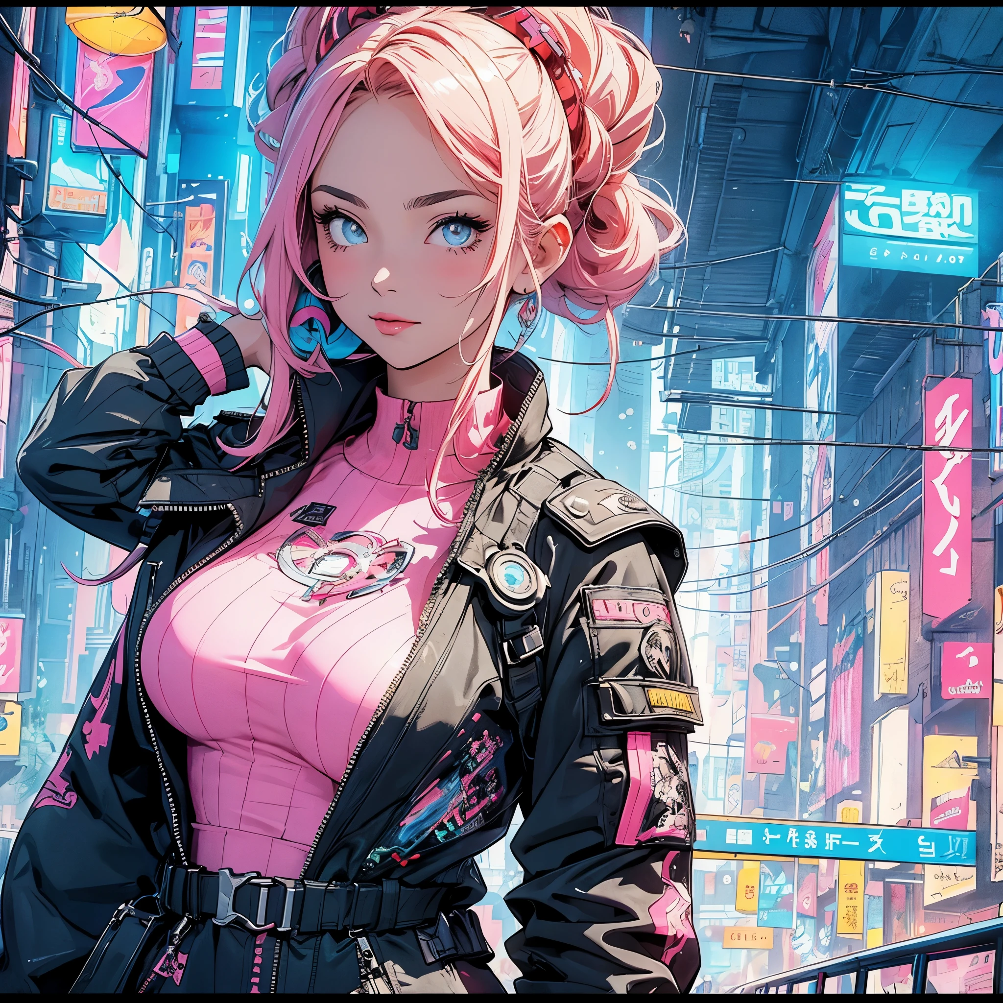 (masterpiece, highest quality), 32K,(highly detailed beautiful woman), poster,SF,1960s,1970s,bauhaus, shape, abstract,movie poster, vintage,retro,futuristic anime,ultimate map,highlight,highly detailed glowing eyes,cleavage,complicated pattern,Stylish hairstyle,fluorescence((pastel pink clothes)),Starry Sky,((Stylish cyberpunk street fashion)),breast enhancement,