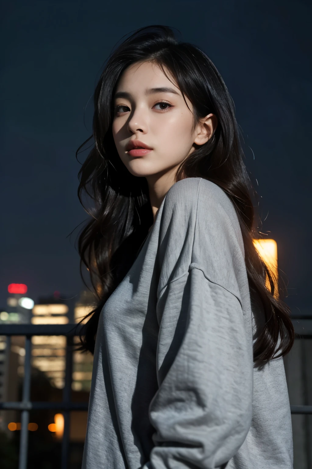 1girl, beautiful, wavy hair, almond eyes, no make up, grey sweatshirt, oversize_shirt, in front of fence, night city, cyberpunk vibes, close up, (from below:1.2), (photorealistic:1.2), (ultra realistic:1.3), (very detailed:1.1), ((masterpiece)),