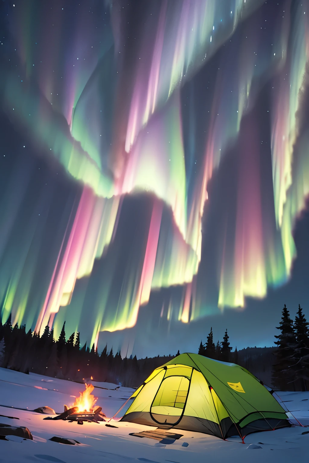 man sit, camping in the under of trees, the nigh sky, aurora sky, fire, ultra hd, 8K, detailed, masterpeiece,