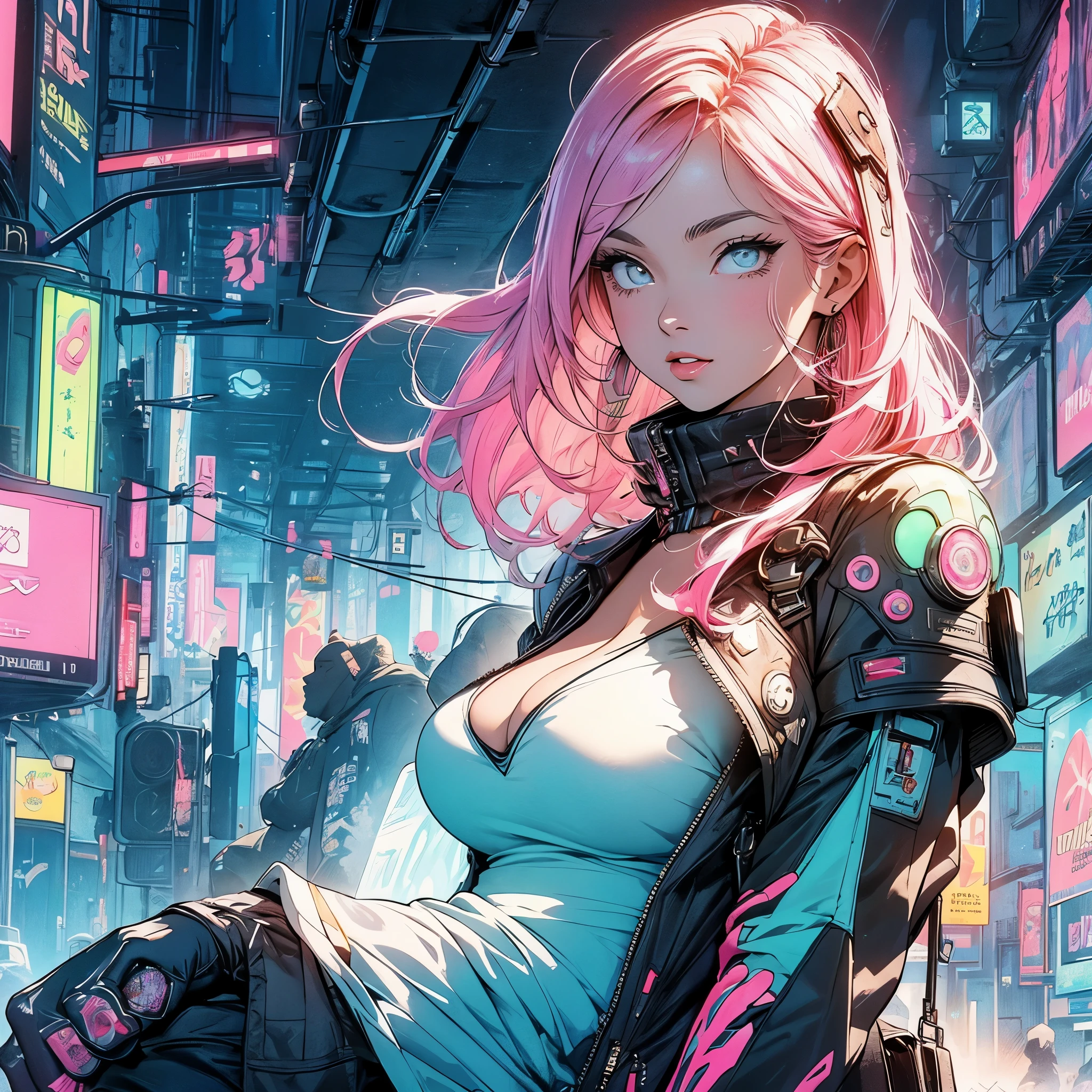 (masterpiece, highest quality), 32K,(highly detailed beautiful woman), poster,SF,1960s,1970s,bauhaus, shape, abstract,movie poster, vintage,retro,futuristic anime,ultimate map,highlight,highly detailed glowing eyes,cleavage,complicated pattern,Stylish hairstyle,fluorescence((pastel pink clothes)),Starry Sky,((Stylish cyberpunk street fashion)),breast enhancement,