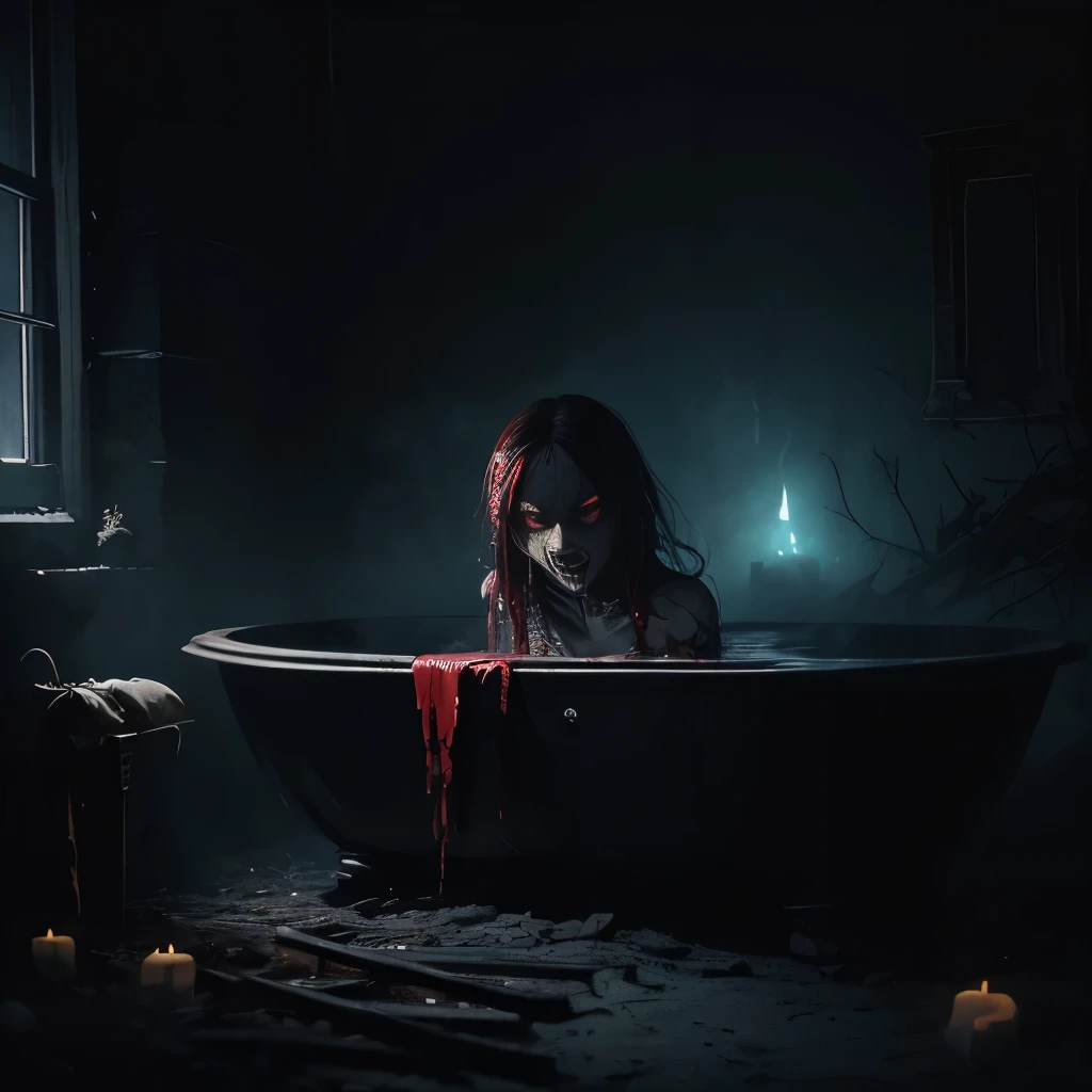 Portrait of the most beautiful form of chaos, elegant, brutal designer, Bright colors, romanticism, by Aptels, (The eerie anatomy of Apterus:1.3), ((Ahegao)), rolling_eye, ((head down)), Evil girl bathing in a sea of blood, sharp teeth,wearing a black high-leg swimsuit、 Crazy laughter, ((attenuation and spooky)), in the atmosphere, Trending at Art Station. 8K masterpiece, ((symmetry)), die, attenuation, Ghosts of Vengeful Japan, Spooky dark village