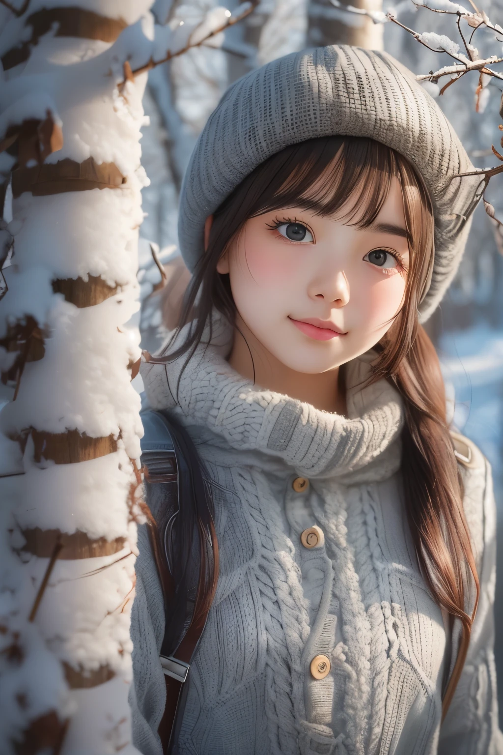 ((sfw: 1.4)), (sfw, birches with snow, old house, sun in the background, 1 girl)), ultra high resolution, (realistic: 1.4), RAW photo, highest quality, (photorealistic stick), focus, soft light, ((15 years old)), ((Japanese)), (((young face))), (surface), (depth of field), masterpiece, (photorealistic), woman , bangs, ((1 girl))