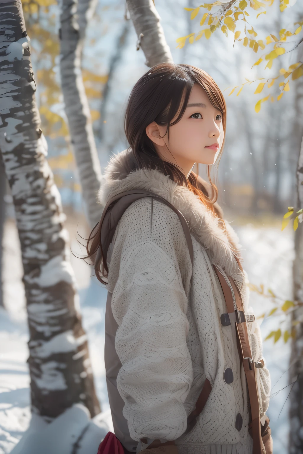 ((sfw: 1.4)), (sfw, birches with snow, old house, sun in the background, 1 girl)), ultra high resolution, (realistic: 1.4), RAW photo, highest quality, (photorealistic stick), focus, soft light, (()), ((Japanese)), (((young face))), (surface), (depth of field), masterpiece, (photorealistic), woman , bangs, ((1 girl))