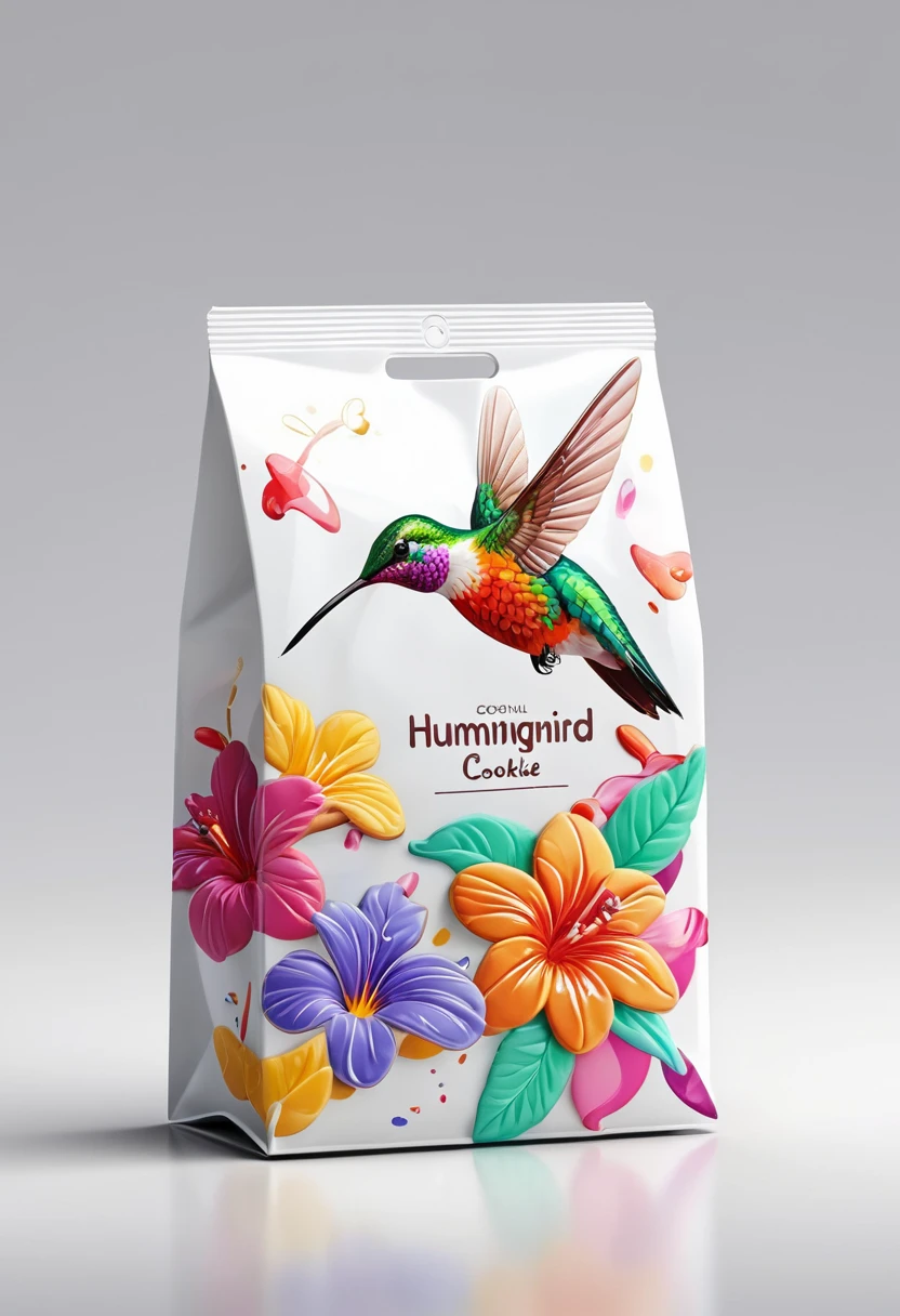 Modern packaging design, (Hummingbird shaped cookie) product packaging bag, Hummingbird in candyland illustration, simple white background, HD resolution, simple style, actual, Natural light, Glossy plastic packaging bag, (best quality, masterpiece, Representative work, official art, Professional, 8k, Ultra intricate detailed:1.3)