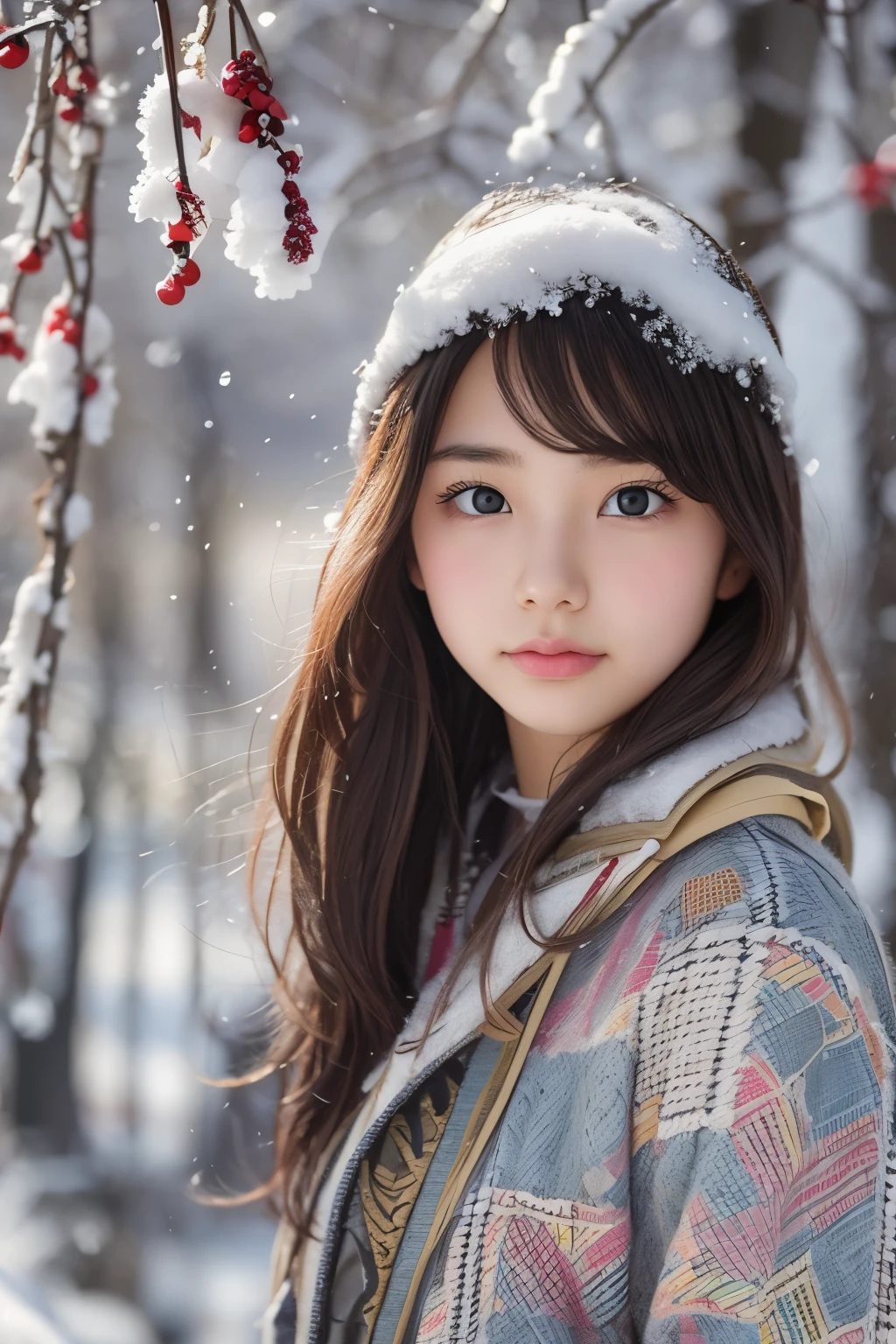 ((sfw: 1.4)), (sfw, birches with snow, old house, sun in the background, 1 girl)), ultra high resolution, (realistic: 1.4), RAW photo, highest quality, (photorealistic stick), focus, soft light, ((15 years old)), ((Japanese)), (((young face))), (surface), (depth of field), masterpiece, (photorealistic), woman , bangs, ((1 girl))