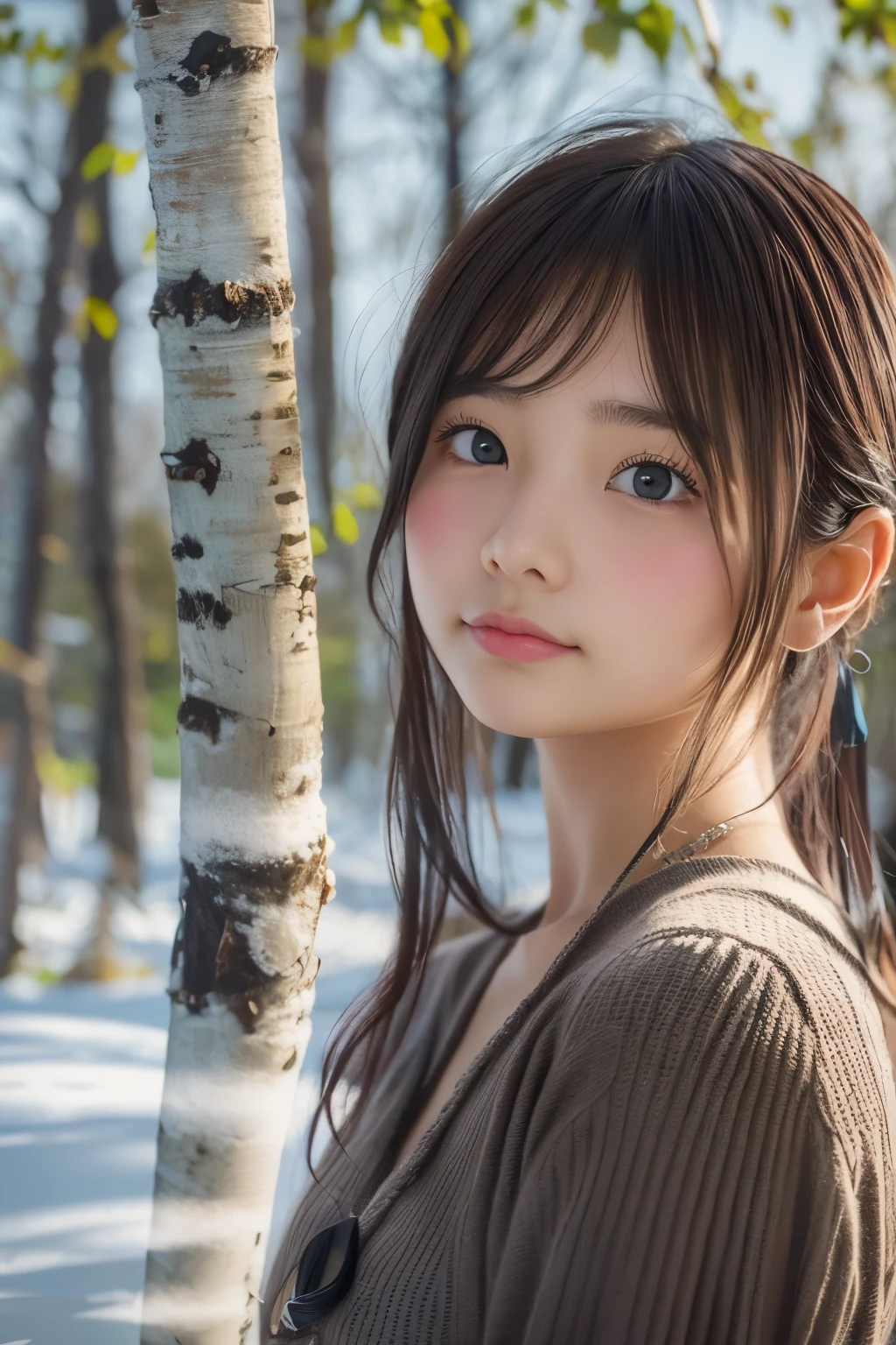 ((sfw: 1.4)), (sfw, birches with snow, old house, sun in the background, 1 girl)), ultra high resolution, (realistic: 1.4), RAW photo, highest quality, (photorealistic stick), focus, soft light, ((15 years old)), ((Japanese)), (((young face))), (surface), (depth of field), masterpiece, (photorealistic), woman , bangs, ((1 girl))