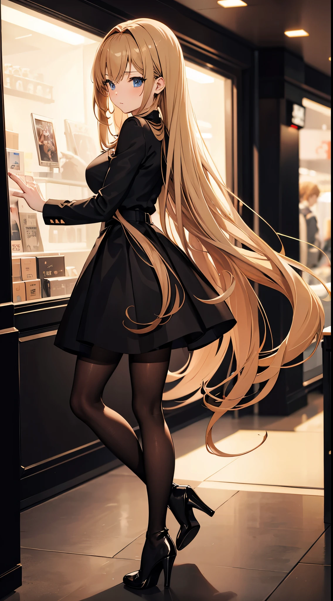 Anime woman with brown blonde hair wearing a black skirt, pantyhose and high heel boots it a cinema