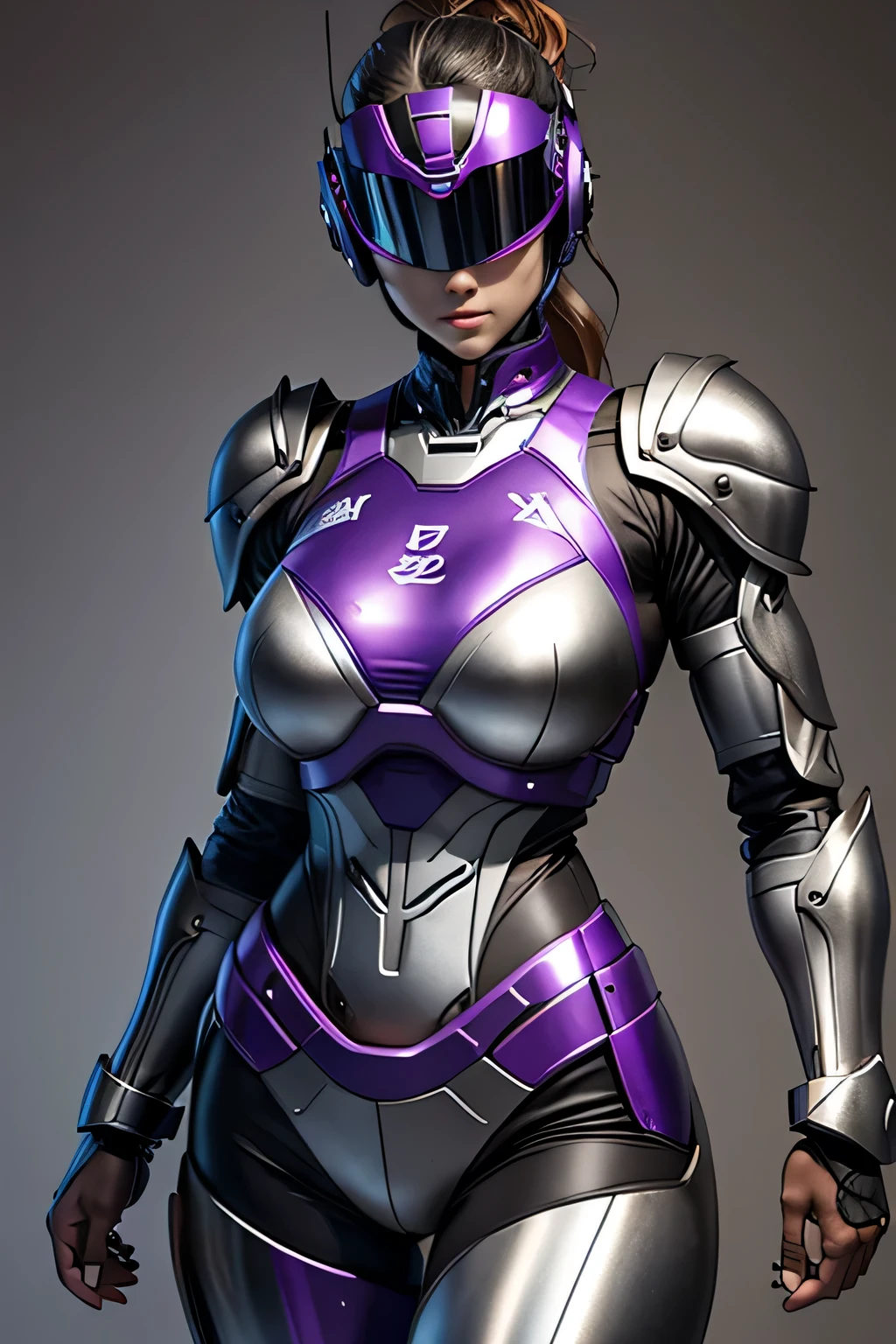 female robocop solo、Armor that completely covers the whole body、very large armor、helmet to hide eyes、metallic purple armor、Armor that completely covers the chest、thin and long legs、Vibrant posel body view