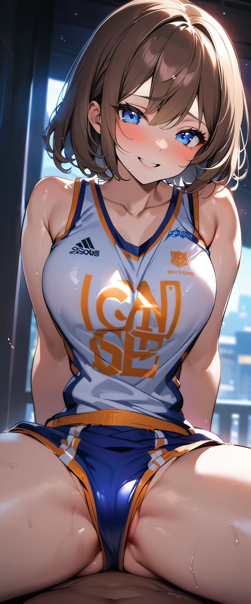 woman,25 years old,brown hair,White and blue silk basketball uniform,short hair,blue eyes,Mansuji, laughter,,I can see my underwear,Full body Esbian, (close shot, highest quality, High resolution, 4k, detailed lighting, shader, NSFW), smile, ( blush:1.2)sit on top,spread your legs wide open,((( on the thighs)))(wet with water)