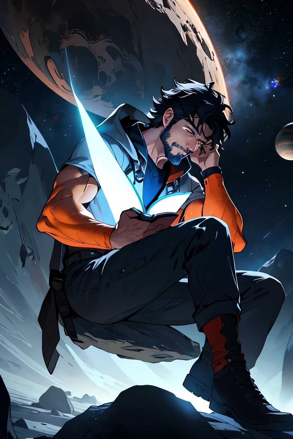 Draw a young programmer, sitting on a research platform floating in the middle of an asteroid belt. He is studying with a notebook, surrounded by several asteroids glowing with fiery auras. Dramatic lighting from distant stars and planets illuminates the scene, casting deep shadows on the suit. The young man looks confident and determined, looking at the vast and mysterious universe with wonder and respect,facial hair, cowboy shot,