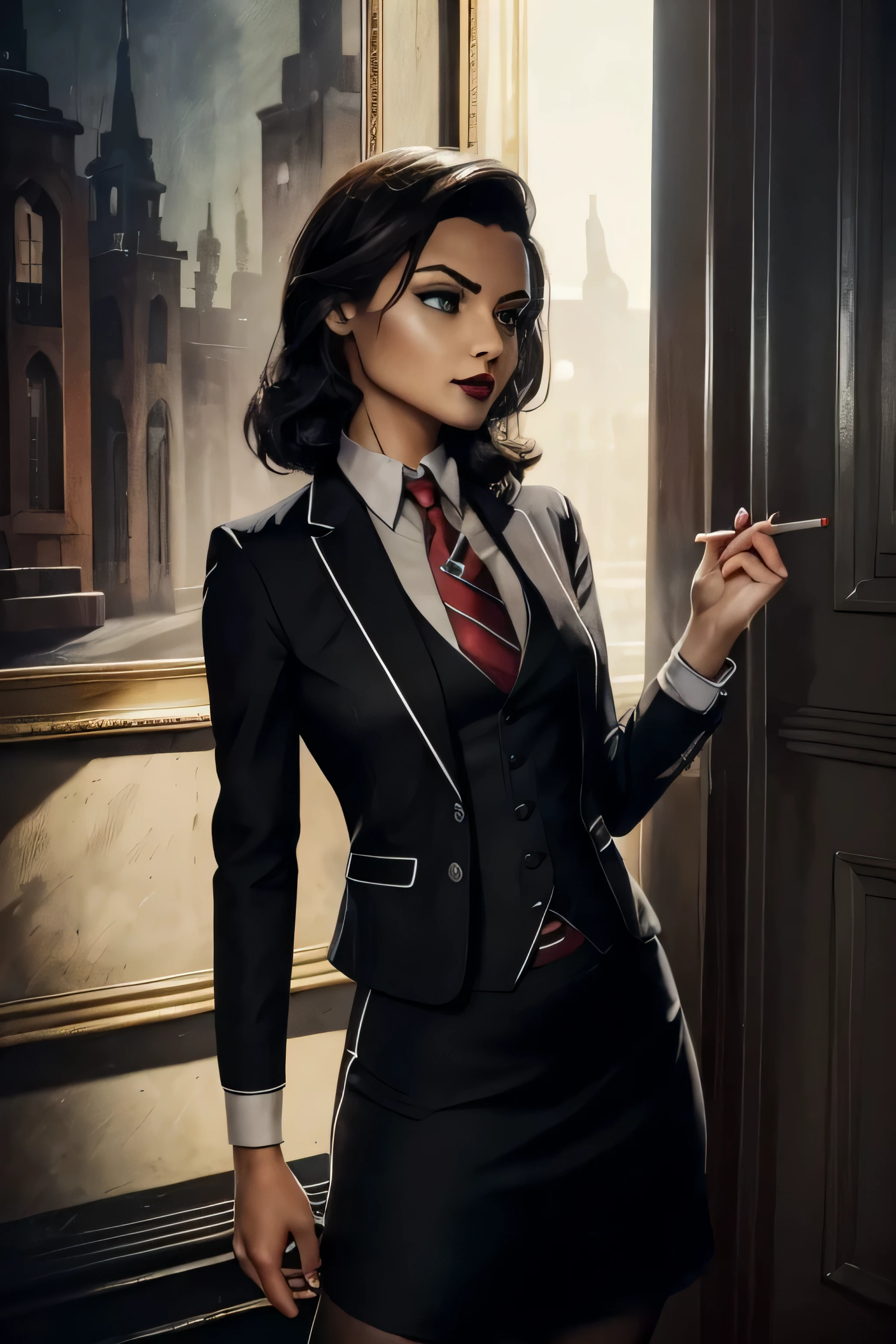 lizoldBS_soul3142, 1girl, red lipstick, makeup, eyeshadow, smoke, cigarette, high detail, great lighting, 8k resolution, masterpiece, concept art, illustration, clear eyes, soft lighting, soft details, painting oil on canvas, octane render, HDR, trending on artstation, 4k, 8k, HD, skirt suit, suit and tie, (((three-piece suit))), silk dress shirt, shirt and tie, (((necktie))), ((blazer)), ((suit jacket)) ((waistcoat)), ((bodycon miniskirt)), pantyhose, tights, stockings, tie clip, pocket square, tailored suit, (((cufflinks))), close up, shiny clothing
