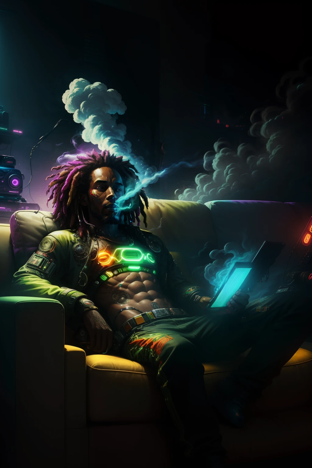 A captivating realistic-psychedelic image featuring Bob Marley Cyborg, an intriguing fusion of human and technology. He is comfortably seated on a plush couch, a joint of marijuana clutched between his metal fingers. A thick plume of smoke rises from the joint, filling the room with an ethereal haze. The neon colors emanating from his cybernetic enhancements cast an otherworldly glow over the scene, reflecting off the smooth surface of the couch. The image is vibrant and dynamic, conveying a sense of relaxation and rebellion.

4K resolution, High definition, Cyber Punk, Bob Marley, Marijuana, Smoking, Joint