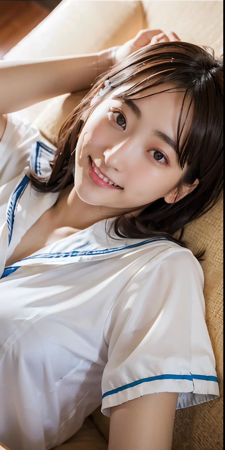 ulzzang-6500-v1.1, (Raw photo:1.2), (Photorealistic:1.4), Beautiful detailed girl, Very detailed eyes and face, Beautiful detailed eyes, Huge file size, (Big), High Resolution, Very detailed, Best quality, [Masterpiece:1.6], [JK Uniform], Illustration, Very detailed, CG, Fine detail, Best quality, Highly detailed CG uniform 8k wallpaper, movie lighting, 1 girl, 17 years old, cute Japan high school girl, perfect figure, large taut breasts, [huge breasts, heavy breasts: 1.6], cute droopy eyes, beautiful big eyes, white school blouse, see-through bra, sweaty and wet, [sexual arousal: 1.1], [Sexual arousal: 1.1] Lying in bed: 1.5], hands raised, smile, (the whole body is wet), shining eyes