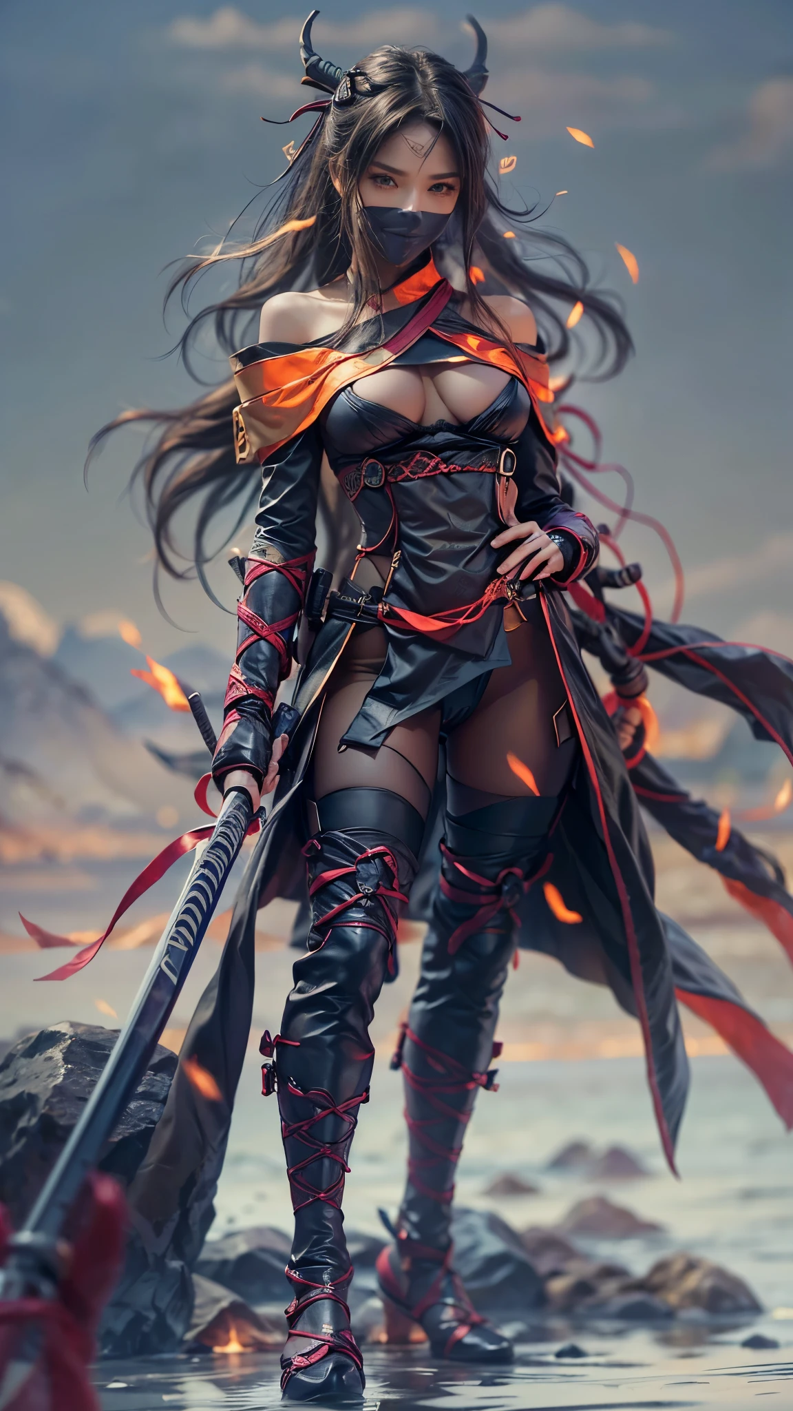 (RAW shooting, Photoreal:1.5, 8k, highest quality, masterpiece, ultra high resolution), perfect dynamic composition:1.2, midnight, Fight:1.2, Sengoku, fire事, いたるところで燃え上がる戦fire:1.3, Highly detailed skin and facial textures:1.2, Slim female ninja with a sharp dagger:1.3, beautiful and aesthetic:1.2, sexy beauty, perfect style, cool, wear elaborate rings, fire, water, Wind, thunder, ice, Fair skin, very beautiful face, (Medium chest, Chest gap), (embarrassing smile, The expression on your face when you feel intense caress, Facial expression when feeling pleasure), (wearing a sexy ninja costume:1.2, off shoulder:1.1), (beautiful blue eyes, Eyes that feel beautiful eros:0.8), (Too erotic:0.9, Bewitching:0.9), full body shot