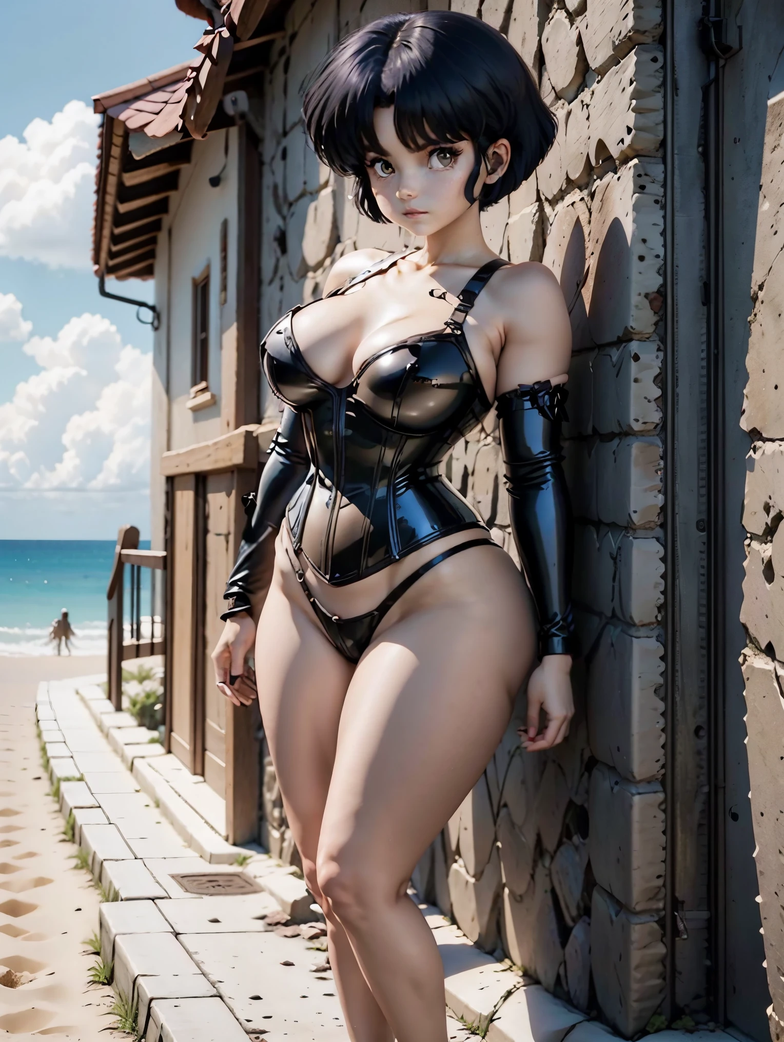 Anime girl with dark bluish hair in bermuda de latex and a latex corset, , beautiful body, big breasts, with her hands on her waist, hands in her hair, Sexy girl, bluish hair, side strands of hair with a pink bow, strands of hair with a bow on the side of the face, beautiful lighting, soft shadows, brown eyes, beautiful toned legs, short hair, anime style, hand on the waist, hand in the hair, character Akane Tendo, Author Rumiko Takahashi, Based on a work by Rumiko Takahashi, Anime Ranma 1 / 2, sexy cleavage, robust hips, full body, full body, big bust, young girl with nice and beautiful body, sandals on her feet, girl 16 years young, wearing bermuda latex and latex corset, anime girl, anime style, beautiful feet in sandals, outdoors, big breast, beautiful breasts, black hair, sandals on feet, beautiful legs, sexy, beautiful legs, Sandals, big breasts, full body, full body, feet with sandals, big bust