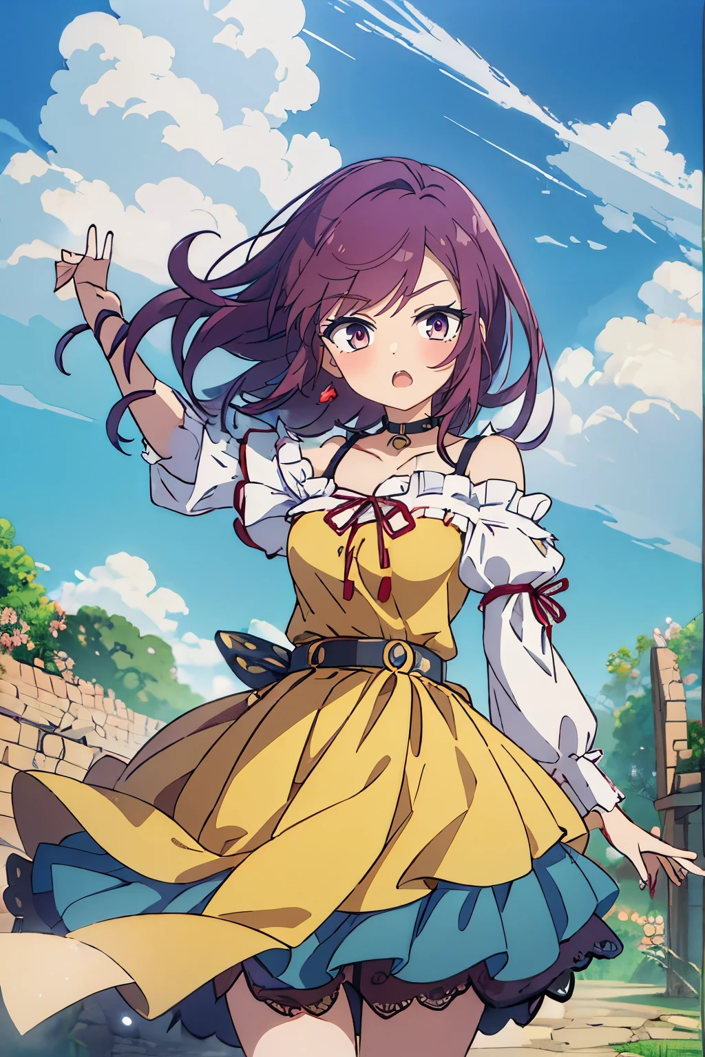 masutepiece, Best Quality, Ultra-detailed, kisho, jigokuraku, 1 girl, reddish Purple hair, Gray eyes, showa town, fantasy world, ruins, fort, beautiful sky, shining sky, sunshine, waving, hair ribbon, belt, choker, black choker, wind blowing dress, lace dress, earrings, off-shoulder sleeves, wool sweaters, Chest exposure, Lace underwear, metamorphosis is exposed, both hands, perfect fingers, five fingers, beautiful eyes