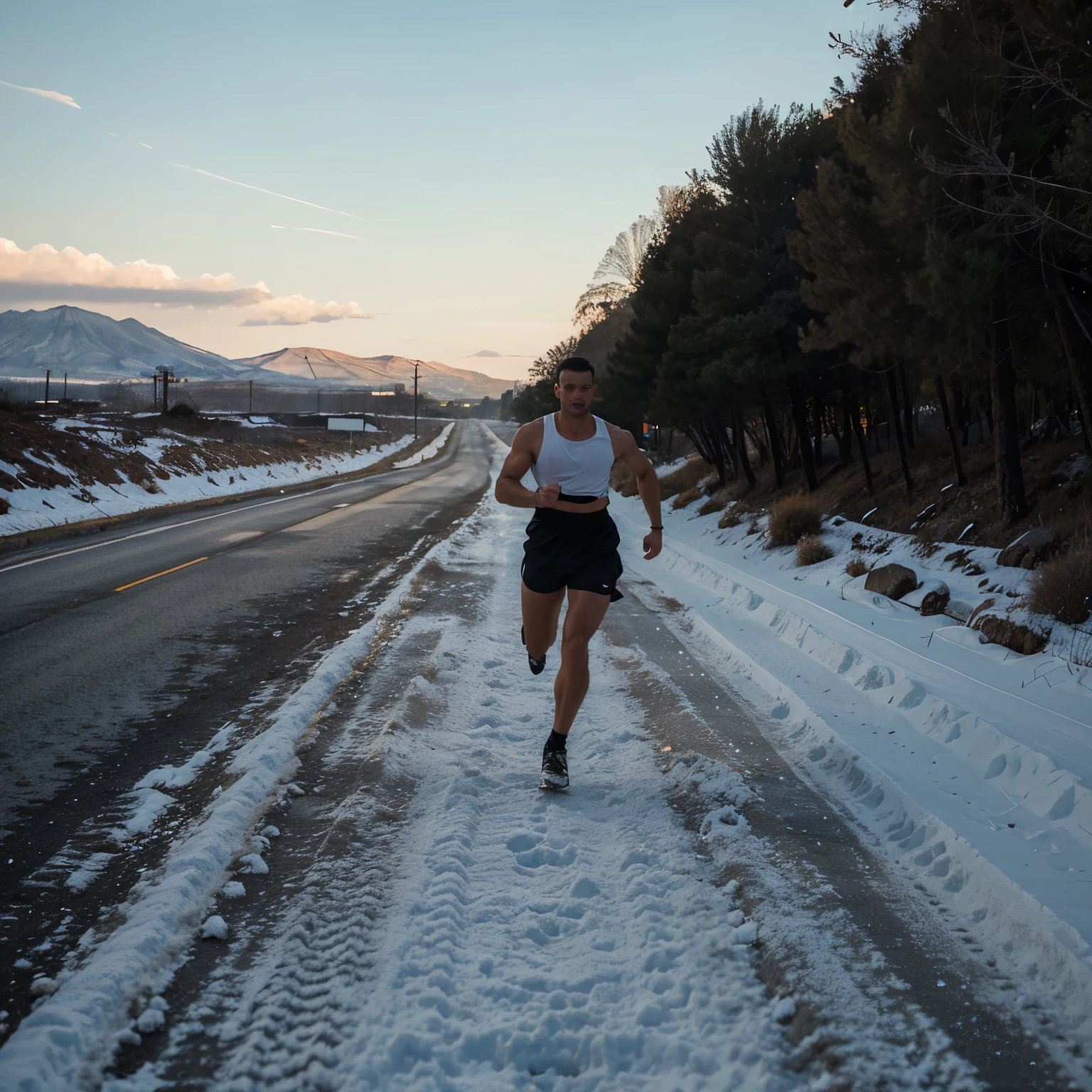 A model running on snow filled road between hot lava