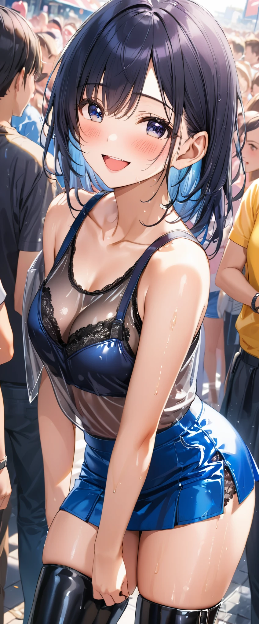 1 female,black hair,25 years old,(((blue shiny micro tight skirt)))((lace queen))(((blush、open mouth smile)),(((straight hair))),(((portrait))),crowd,,(wet with sweat)((sexy black bra and see-through tank top))(leather thigh high boots)((turn around and look back))