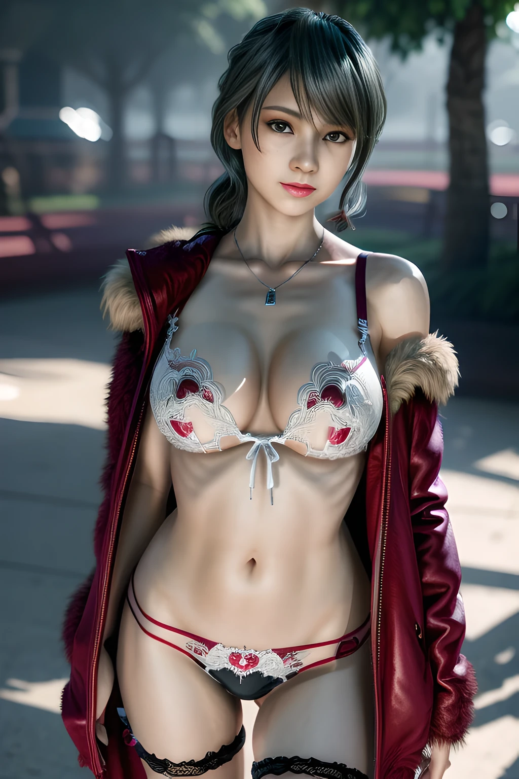 night,1 girl,vampire princess,Sexy Lingerie, fur coat, stockings,Outdoor activities, (standing posture),jewelry,Lips slightly open, lustful smile, red lips,(Lactation:1.3),(huge breasts:1.4),skin shiny,((8k, original photo, top quality, masterpiece), HD RAW color photos professional close-up photos), (actual, photorealism: 1.37), (best quality), (Best shadows),ultra high resolution, HD CG unified 8K wallpaper,soft sunshine,clothing details, alone,ring