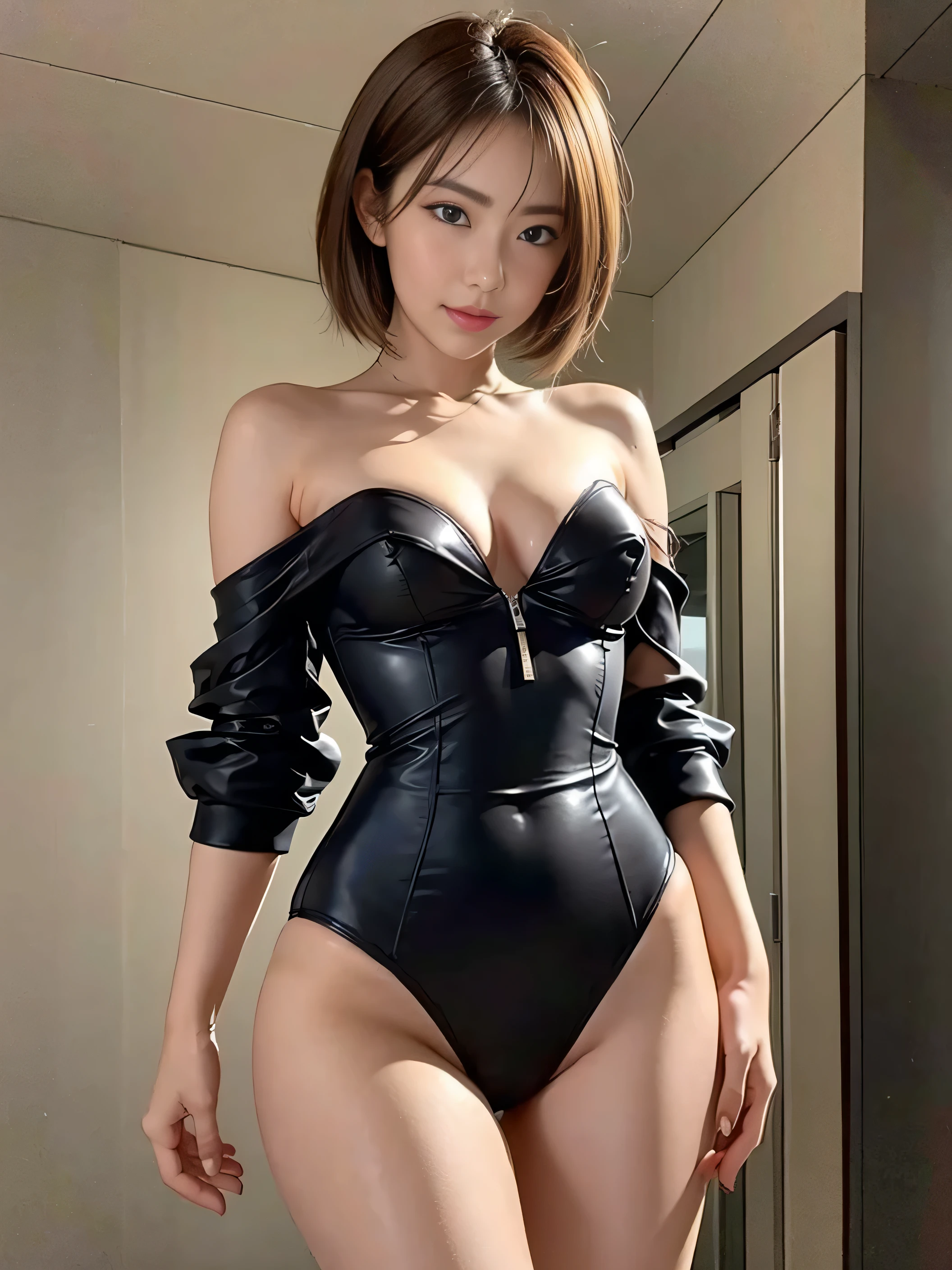 (masterpiece:1.3), (highest quality:1.4), ultra high resolution, alone Focus, (fine eyes), (detailed facial features), (Detailed features of clothing), firm skin, (shiny skin), (one girl, alone), happiness, smile, bob hair, (light brown pantyhose), waist shot, Strapless high-cut one-piece swimsuit