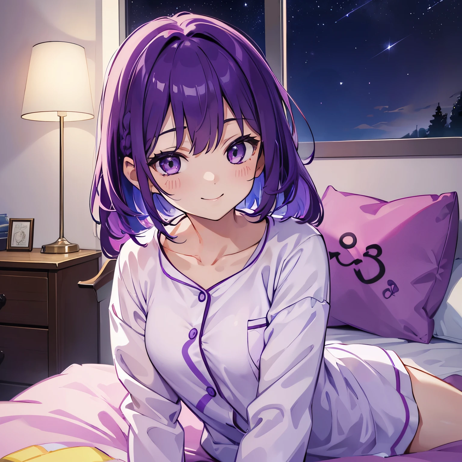(T Masterpiece,4k wallpaper,best quality))、((girl1people))、(solo)、Shining and vivid,(purple hair)、(shortcut:1.3)、smile、Bedroom、pajamas、night