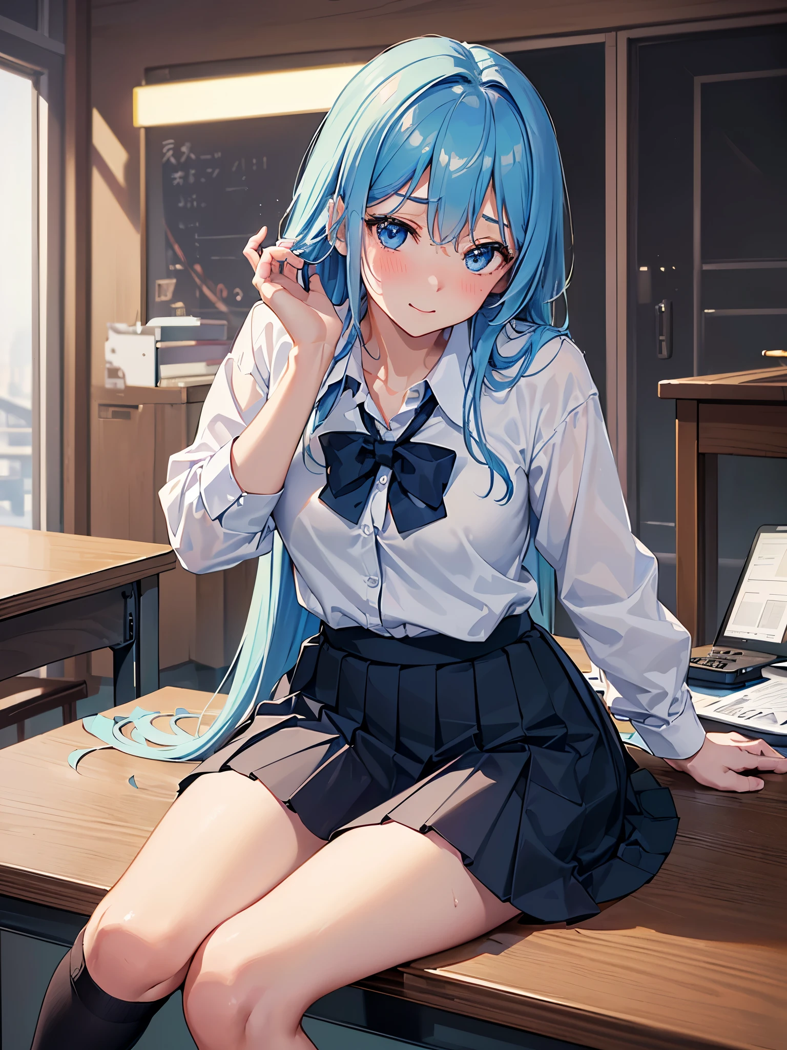 Anime girl with blue hair sitting on a desk in a room - SeaArt AI