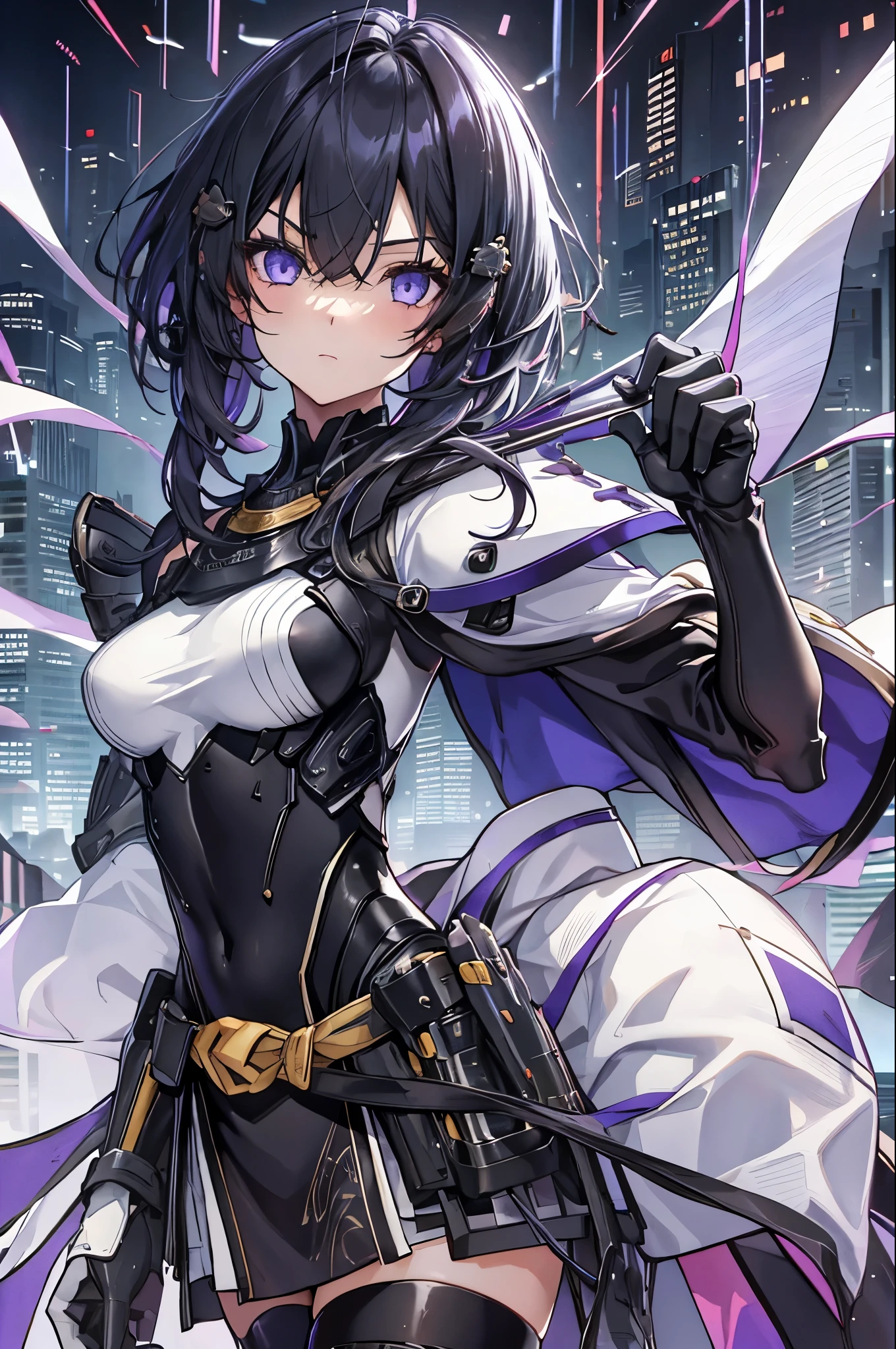 1 girl,beautiful face,shoulder armors black gloves pelvic curtain white cape thigh boots black thighhighs black pantyhose,purple eyes,eyes in highlight ,catch light eyes,specular highlight eyes,stylish pose,(cowboy shot), top-quality,Top image quality,perfect anatomy,masterpiece,ultra-detailliert,Beautiful,ultra-quality, best quality,high resolution, ultra-detailed,game cg,dutch angle ,beautiful detailed eyes,visualart,five fingers, perfect hands,