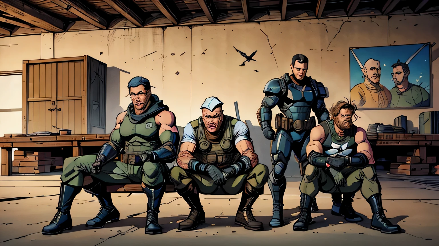 (obra de arte, melhor qualidade:1.2) a group of ancient ex-mercenary soldiers using futuristic equipment. The setting is a military warehouse. os mercenarios tem entre 65 e 75 anos. The artistic style is inspired by the illustrations of Ed Benes, com linhas marcantes, Cores vibrantes e sombras contrastantes no estilo de quadrinhos, com um clima de combate.