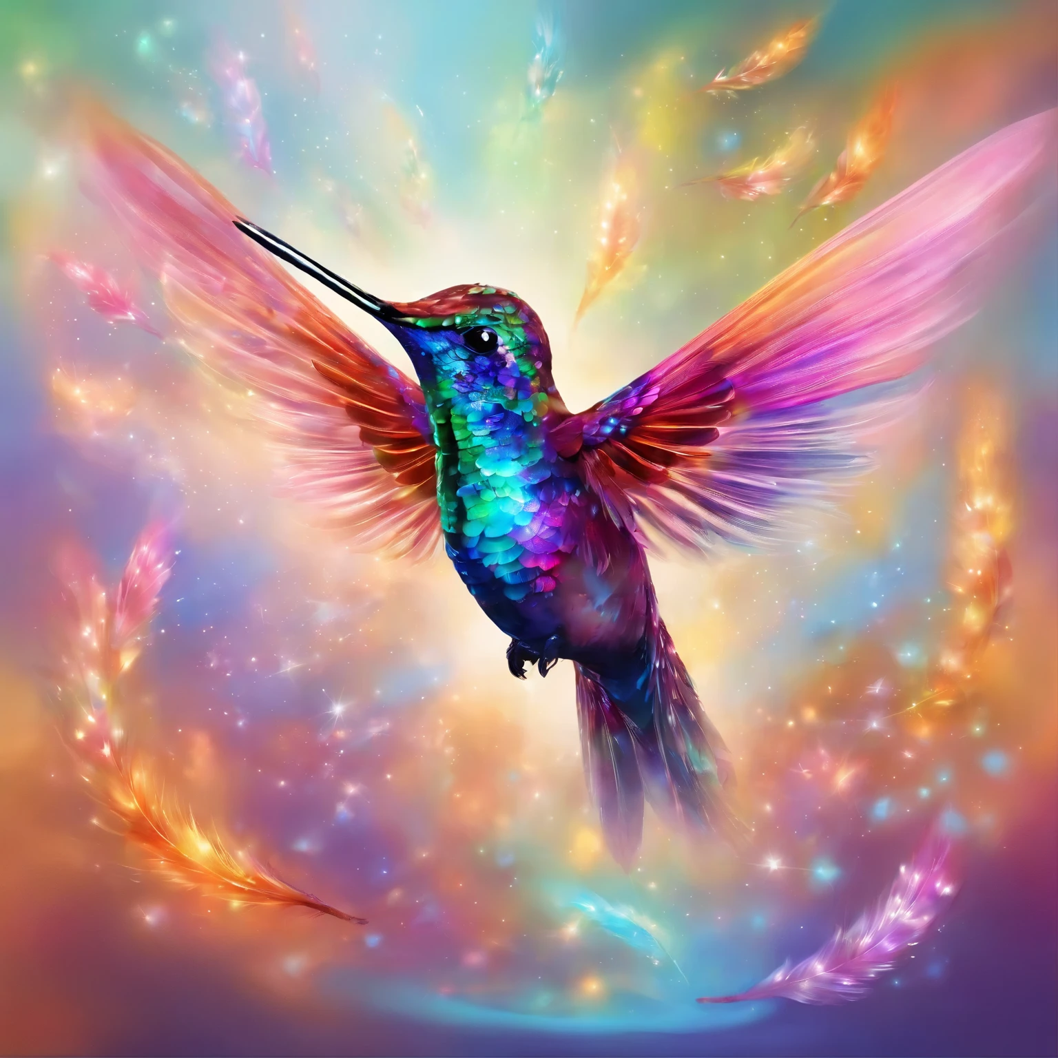 A hummingbird with iridescent feathers,Their colors are not of this world,Sparkling like specks of stardust. The bird flies through a space of flowing liquid metal and floating crystals,Each beat of the wings causes subtle ripples in space,Create surreal visual effects.,