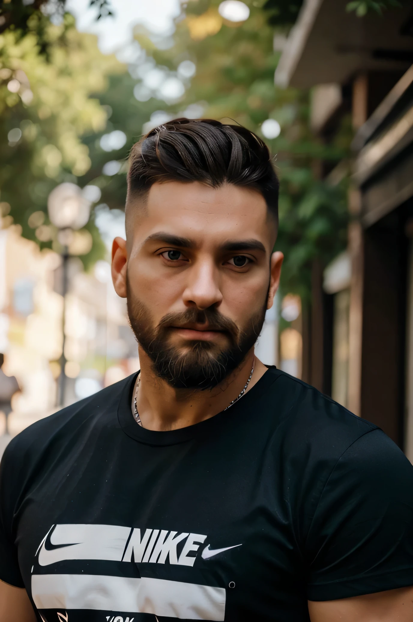 homem de 30 anos, cortar o cabelo, com barba grande, Camiseta Nike e fonte frontal e ultra-realista