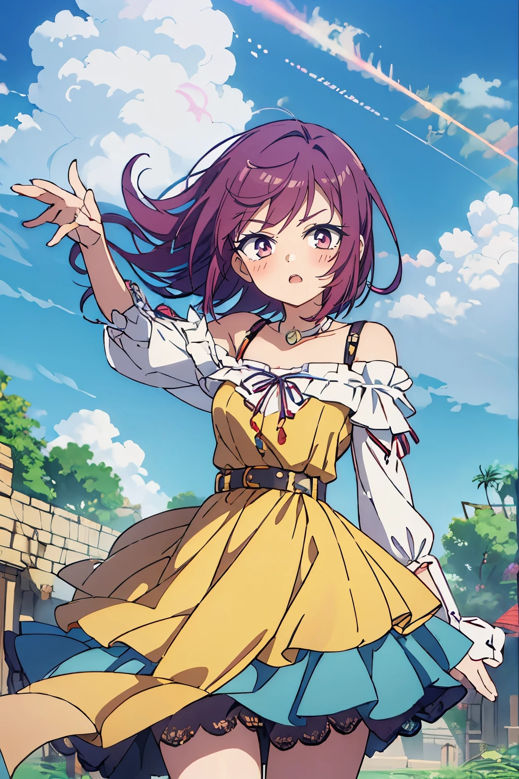 masutepiece, Best Quality, Ultra-detailed, kisho, jigokuraku, 1 girl, reddish Purple hair, Gray eyes, showa town, fantasy world, ruins, fort, beautiful sky, shining sky, sunshine, waving, hair ribbon, belt, choker, black choker, wind blowing dress, lace dress, earrings, off-shoulder sleeves, wool sweaters, Chest exposure, Lace underwear, metamorphosis is exposed, both hands, perfect fingers, five fingers, beautiful eyes