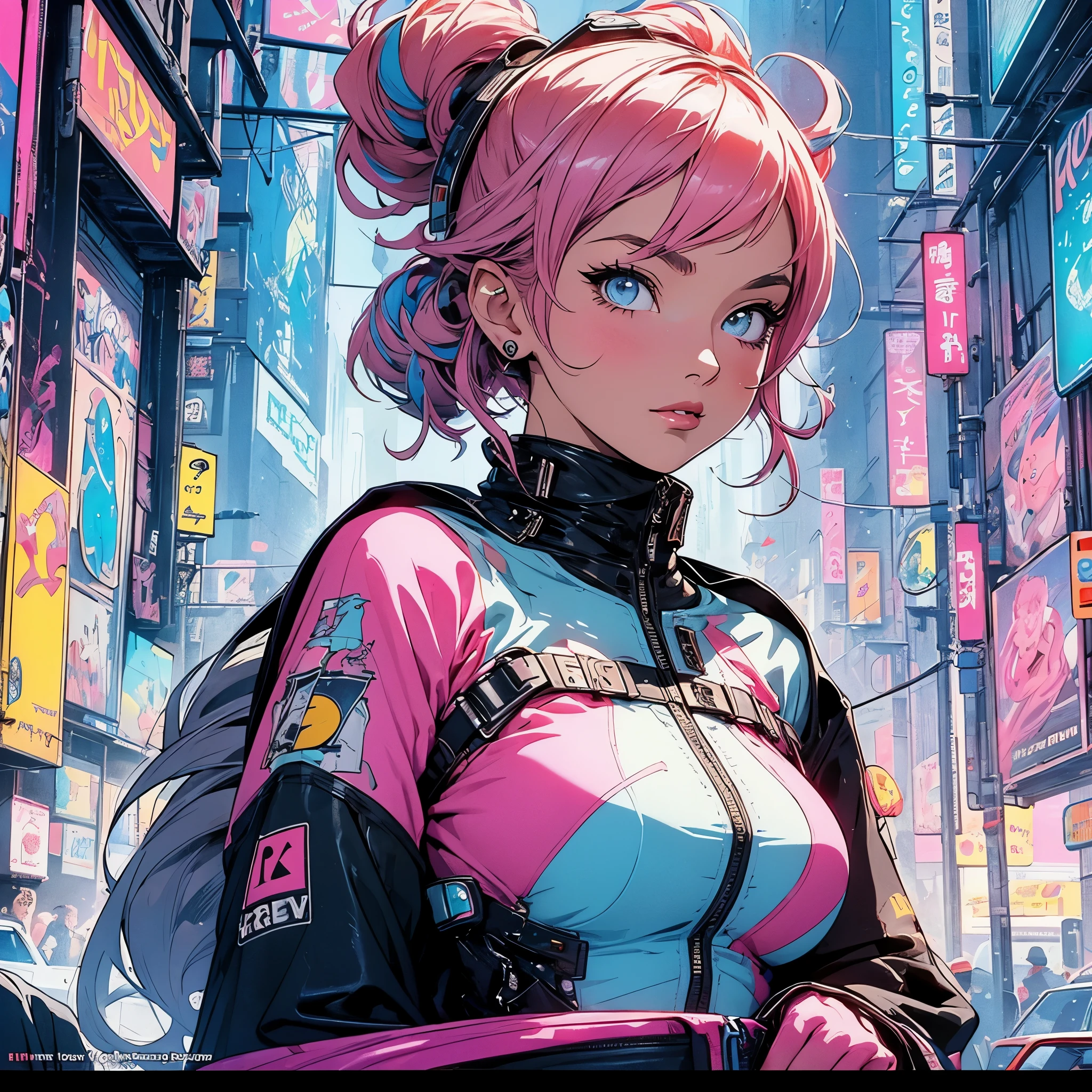 (masterpiece, highest quality), 32K,(highly detailed beautiful woman), poster,SF,1960s,1970s,bauhaus, shape, abstract,movie poster, vintage,retro,futuristic anime,ultimate map,highlight,highly detailed glowing eyes,cleavage,complicated pattern,Stylish hairstyle,fluorescence((pastel pink clothes)),Starry Sky,((Stylish cyberpunk street fashion)),breast enhancement,
