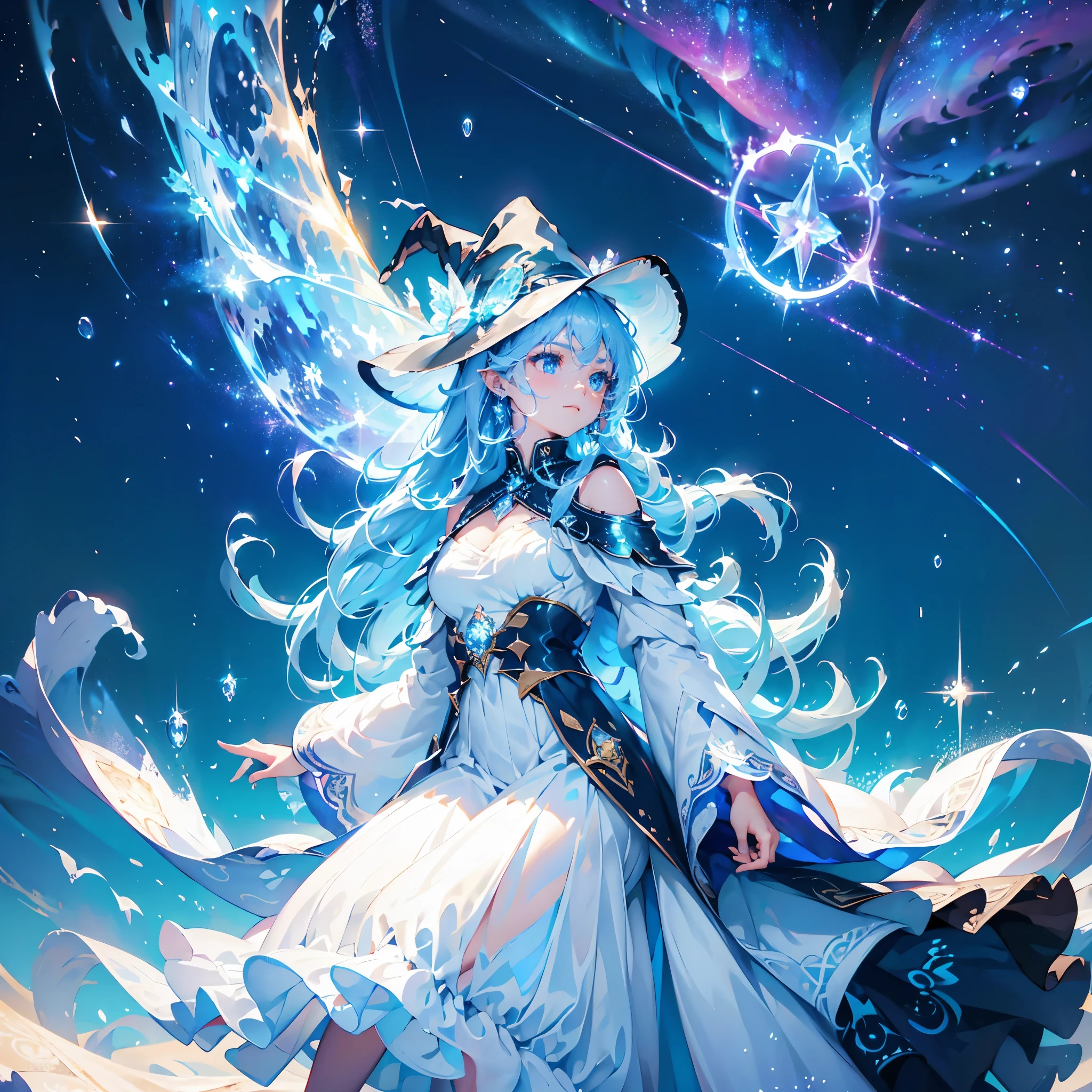 ((Blue Hair magic circle Witch Hat Red eyes Turn your back)) ((thunder Blitz thunderの杖 starのペンダント electricity lightning)) (Magic Robe shine star Streaks of Light Black Hole) moon 彗star incantation Runes cool