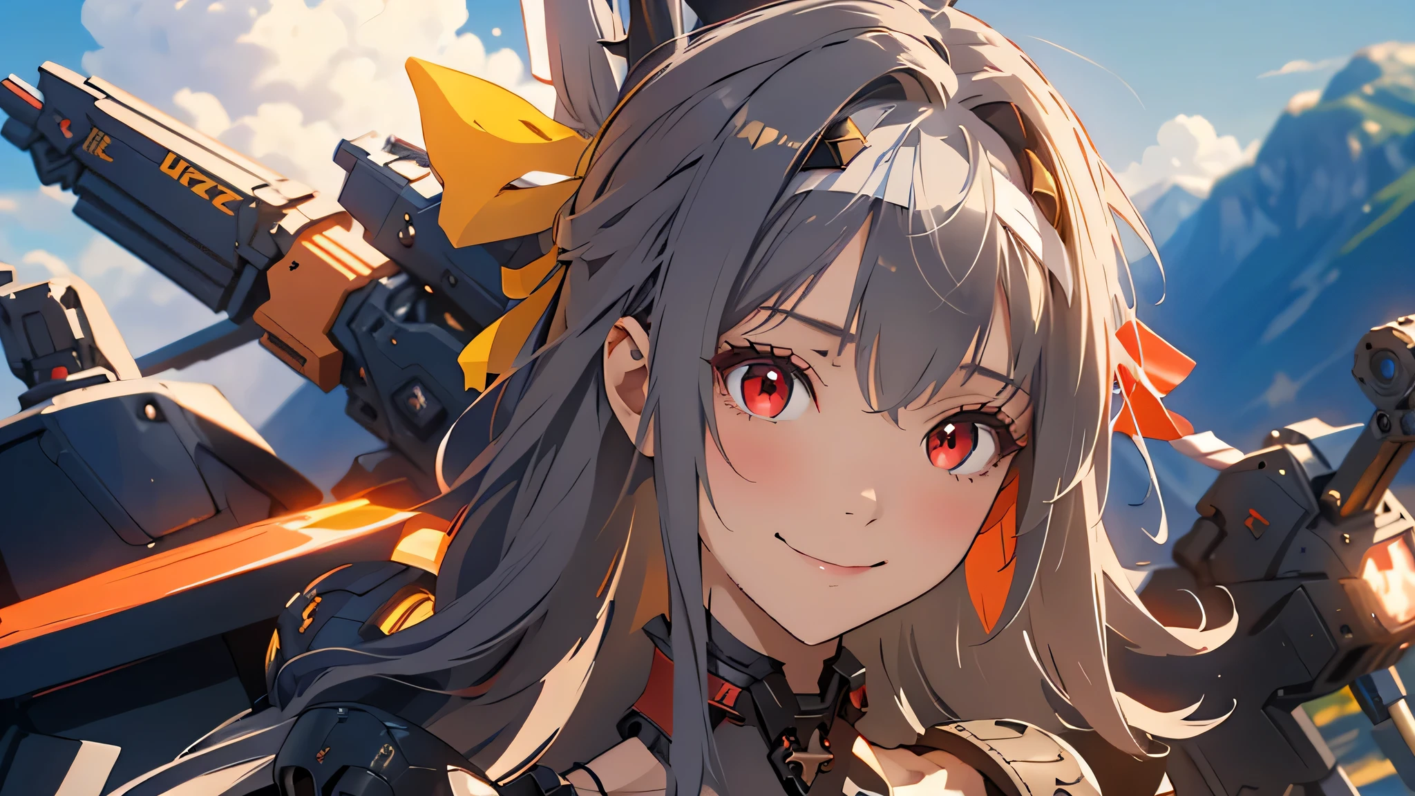 1 girl, tie up hair, left side swept hair, long gray hair, red eyes, innocent smile, black mech armor, cool and sexy face, black thigh knee sock, 8, Sharp face, Yellow ribbon at the ear, battlefield, outside, head bondage, black steel boot, standing, , modernia, massive cannon, one person, alone, 1 head, 2 hands, 2 legs