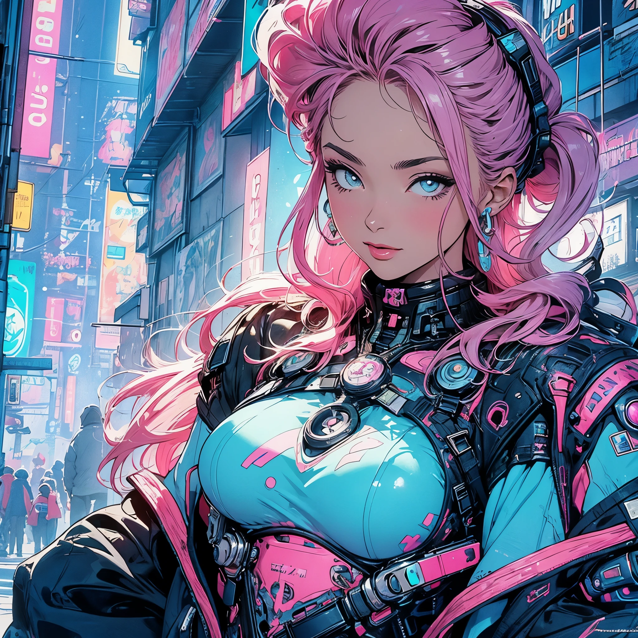 (masterpiece, highest quality), 32K,(highly detailed beautiful woman), poster,SF,1960s,1970s,bauhaus, shape, abstract,movie poster, vintage,retro,futuristic anime,ultimate map,highlight,highly detailed glowing eyes,cleavage,complicated pattern,Stylish hairstyle,fluorescence((pastel pink clothes)),Starry Sky,((Stylish cyberpunk street fashion)),breast enhancement,