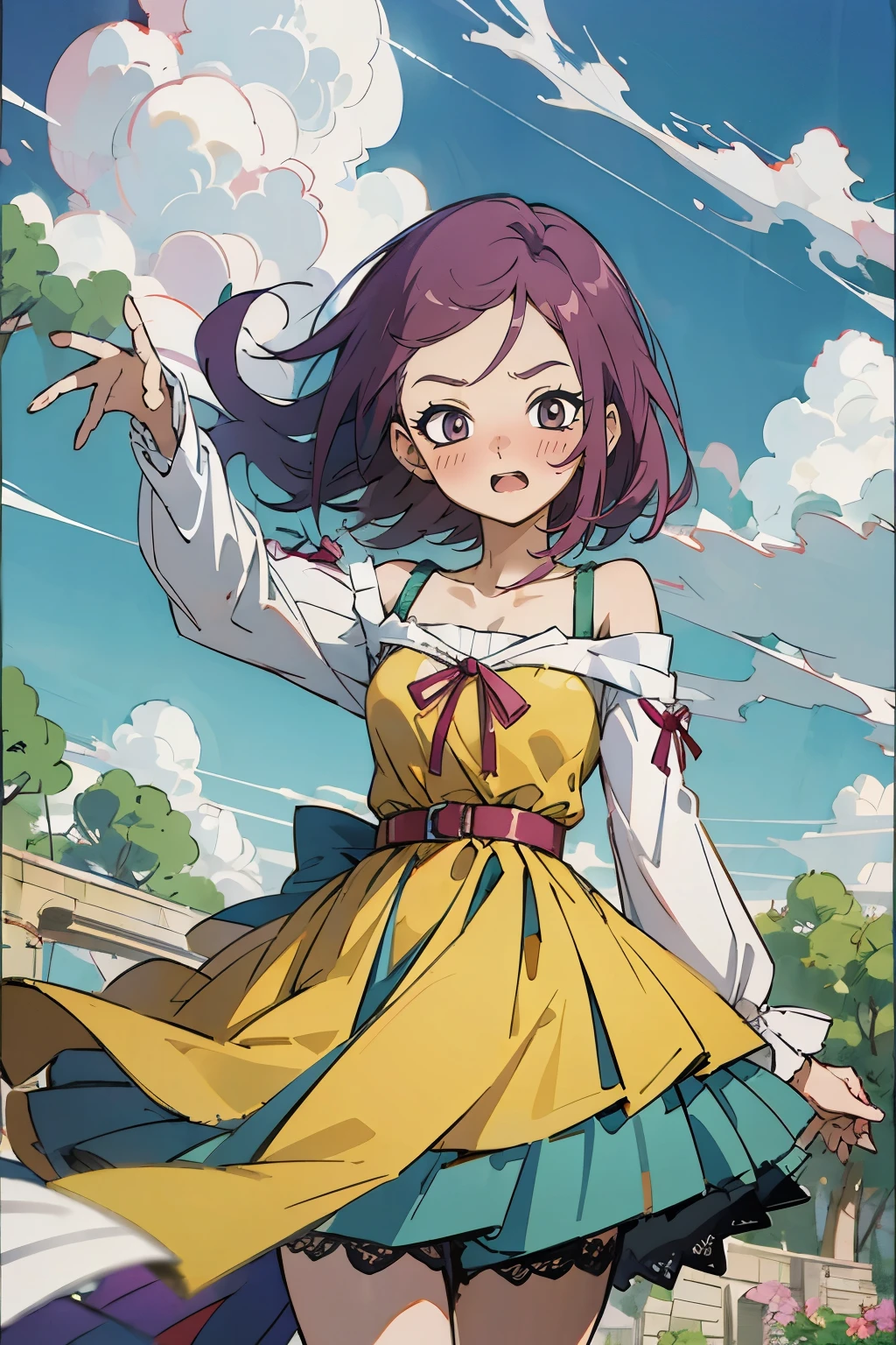 masutepiece, Best Quality, Ultra-detailed, kisho, jigokuraku, 1 girl, reddish Purple hair, showa town, fantasy world, ruins, fort, beautiful sky, shining sky, sunshine, waving, hair ribbon, belt, choker, black choker, wind blowing dress, lace dress, earrings, off-shoulder sleeves, wool sweaters, Chest exposure, Lace underwear, metamorphosis is exposed, both hands, perfect fingers, five fingers, beautiful eyes