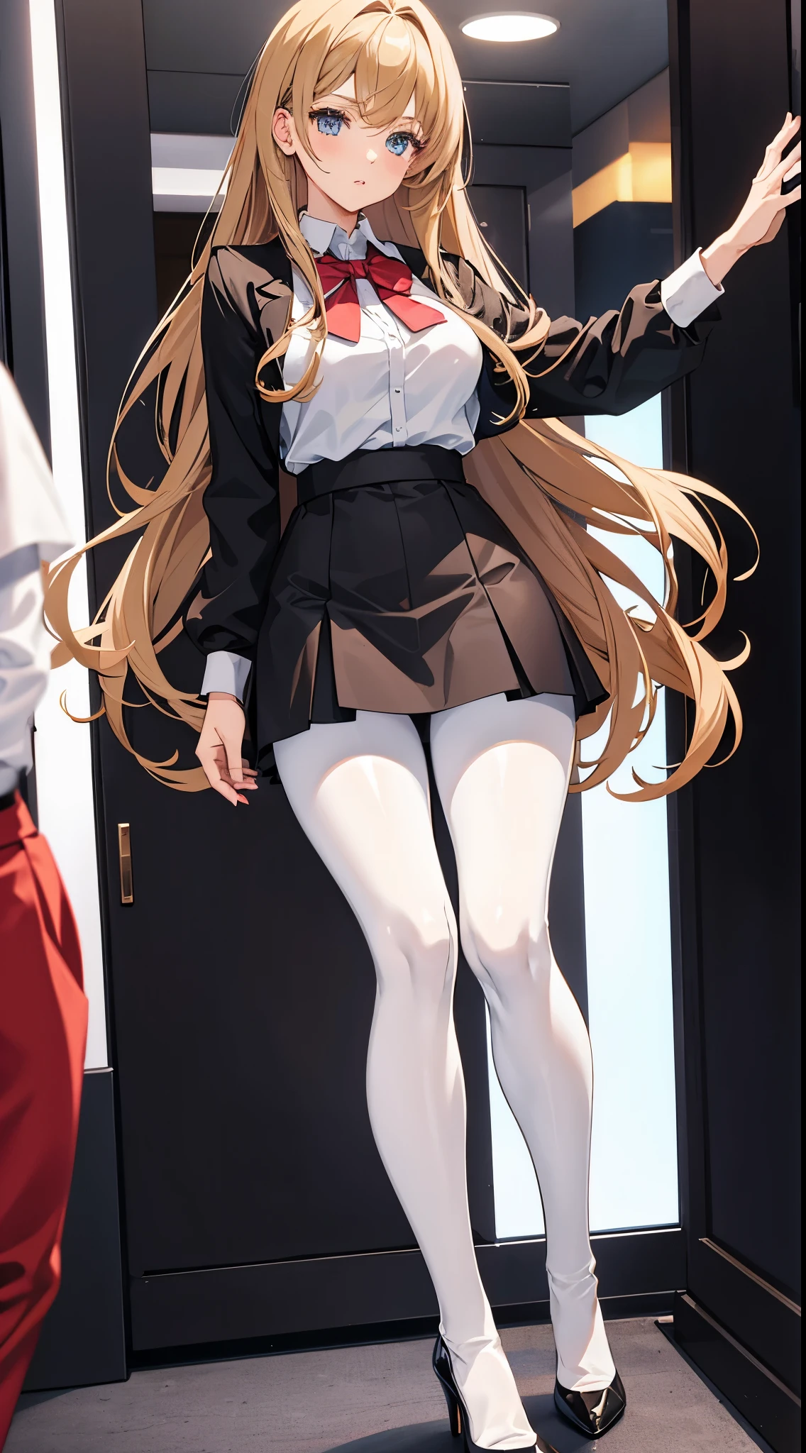 Anime woman with brown blonde hair wearing a white collared shirt, a black skirt, pantyhose and high heel boots it a cinema